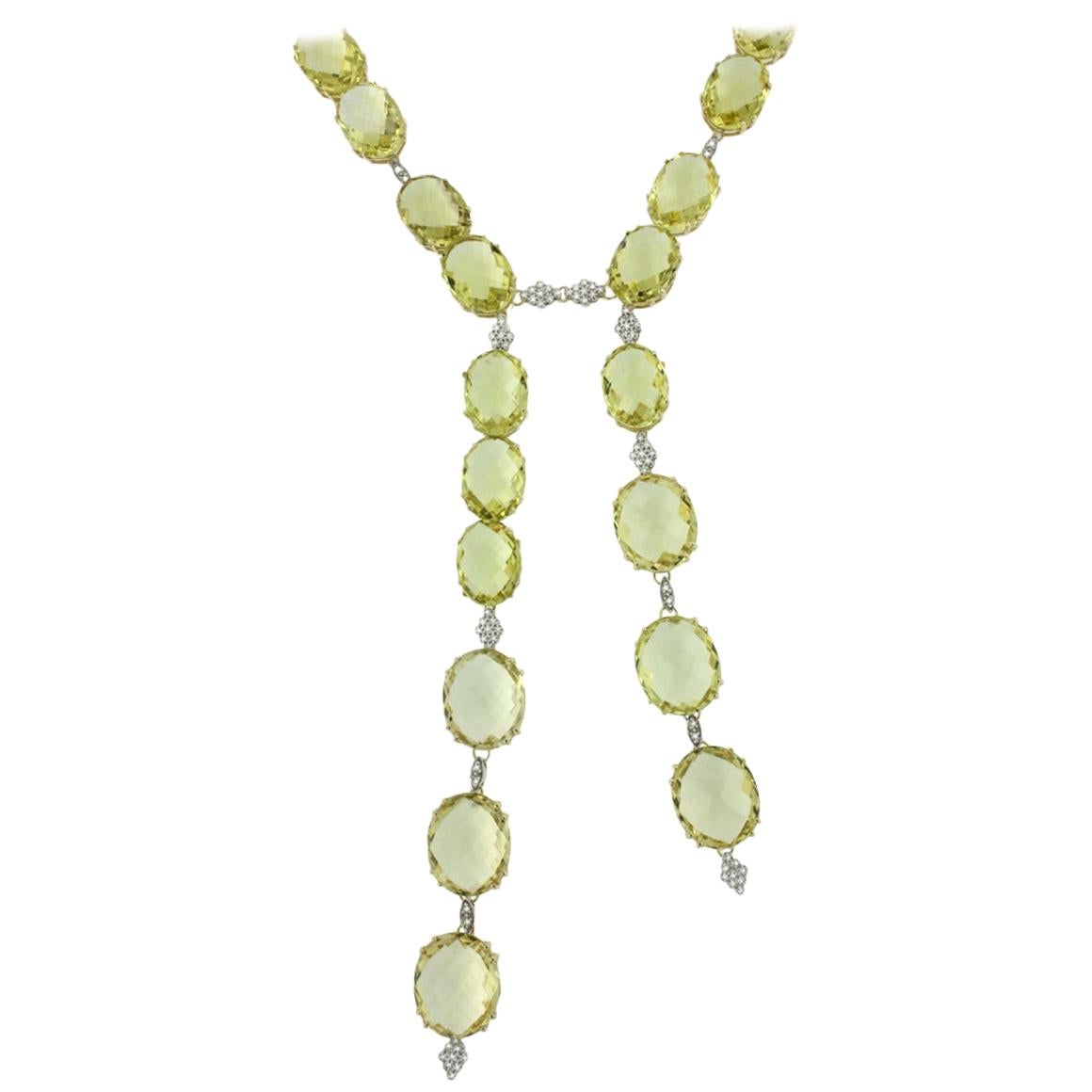 14 Karat Gold, 18 Karat White Gold with Lemon Quartz and White Diamond Necklace For Sale