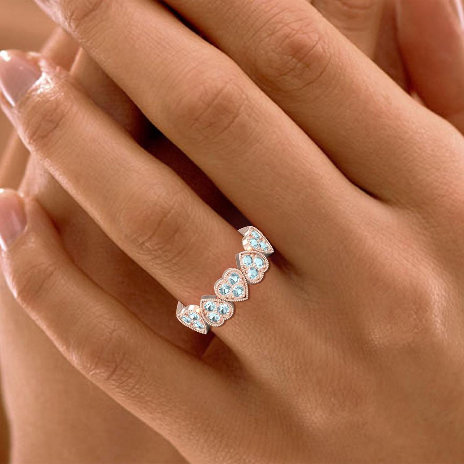 Modern 14 Karat Gold Aquamarine Ring / March Birthstone Ring / Heart Ring for Her For Sale