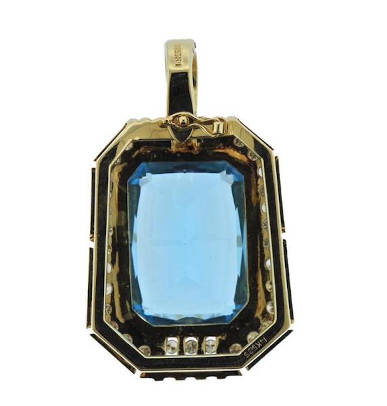 Contemporary 14 Karat Gold 20 Carat Blue Topaz VS Diamond Necklace Pendant For Sale