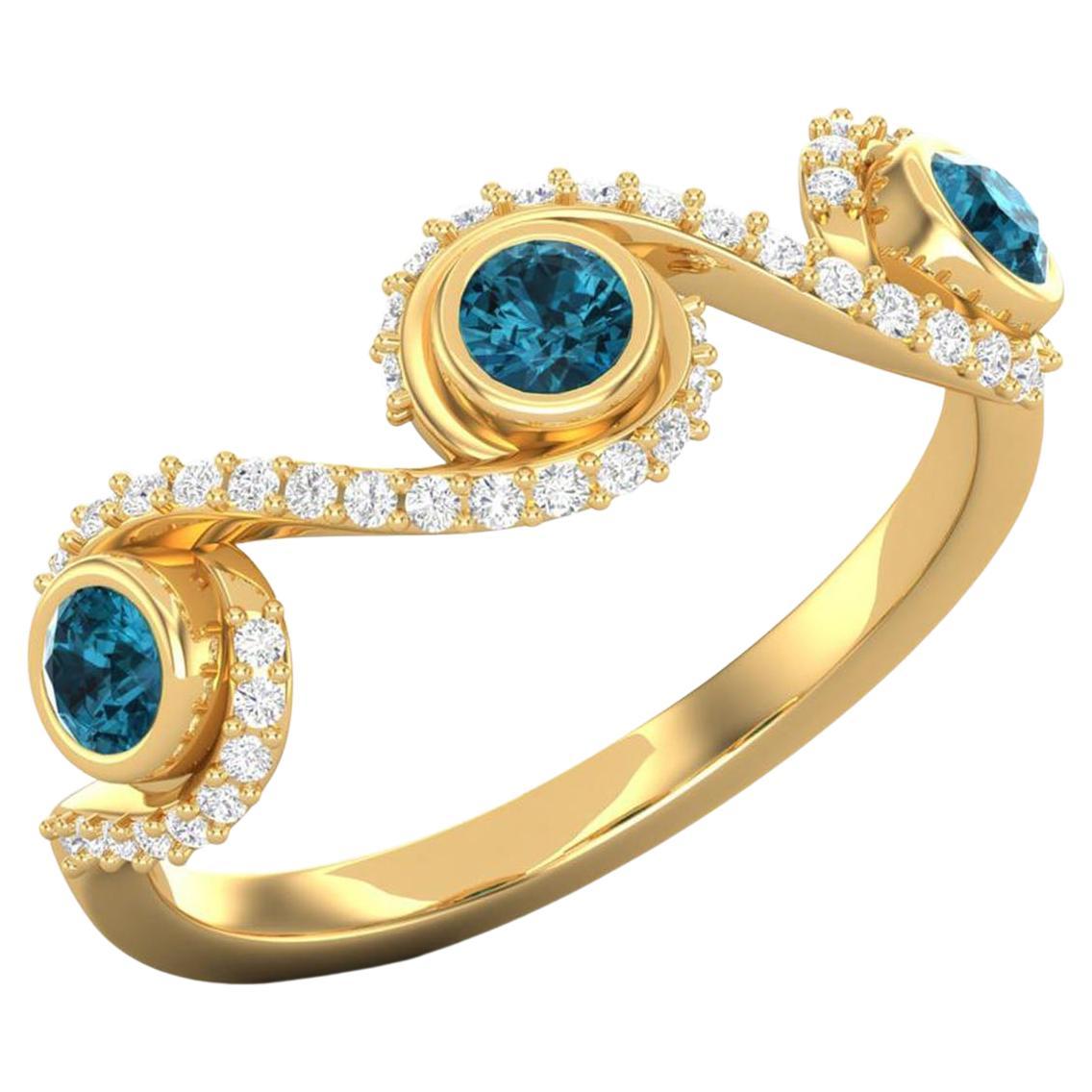 14 Karat Gold Swiss Topaz Ring / Round Diamond Ring / Three Stone Ring For Sale