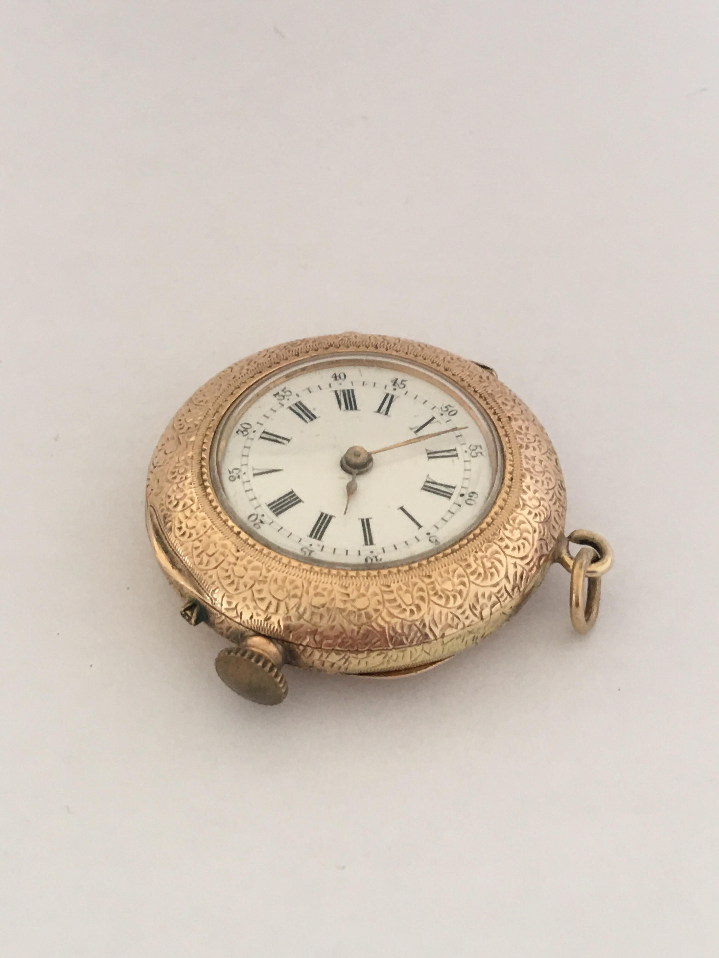 This beautiful 32mm diameter gold pendant watch is in good working condition and it is running well. Visible signs of ageing and wear. This watch weighed 24.1 grams 