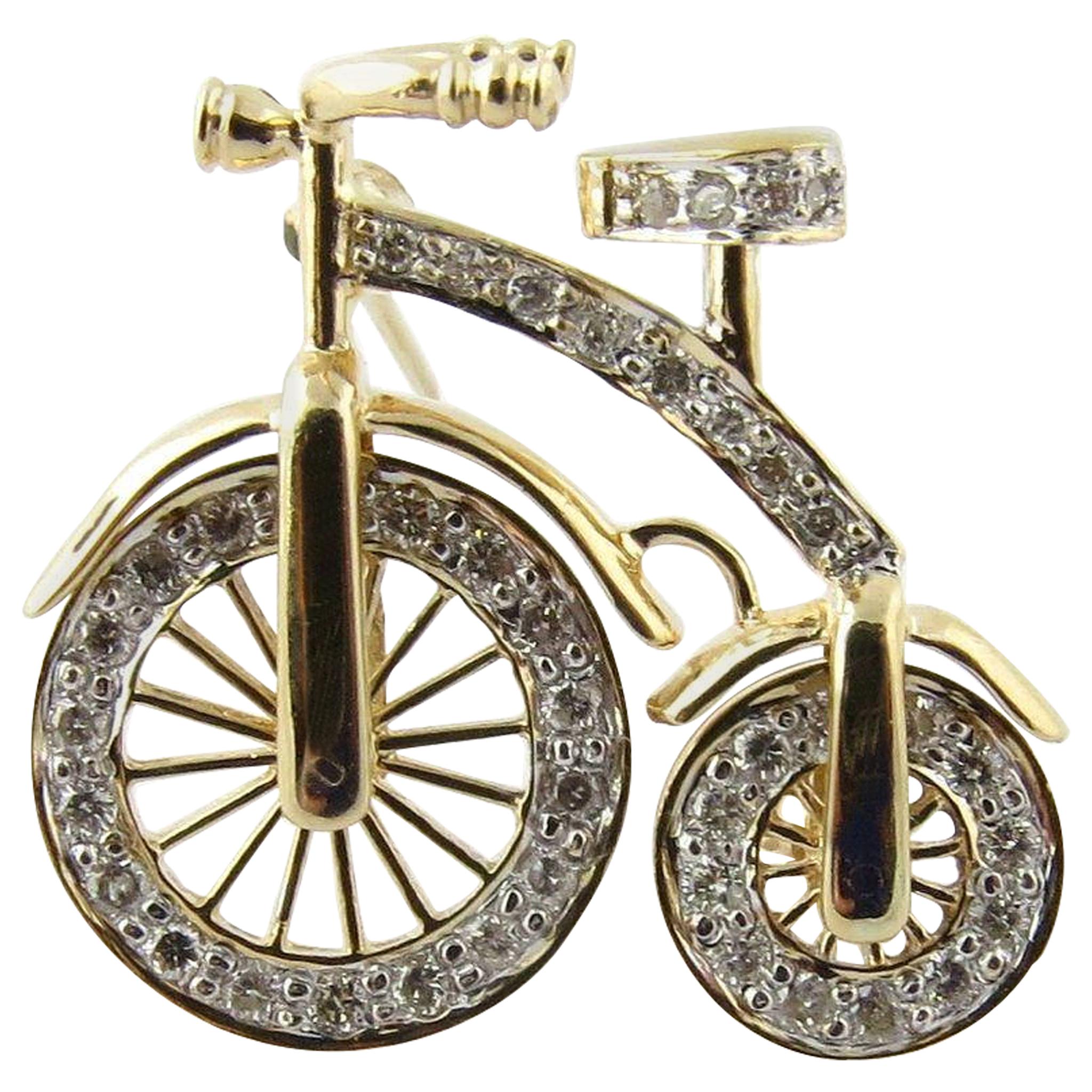 14 Karat Gold 3D Big Wheel Bicycle with Diamond Spinning Wheels Pin Brooch