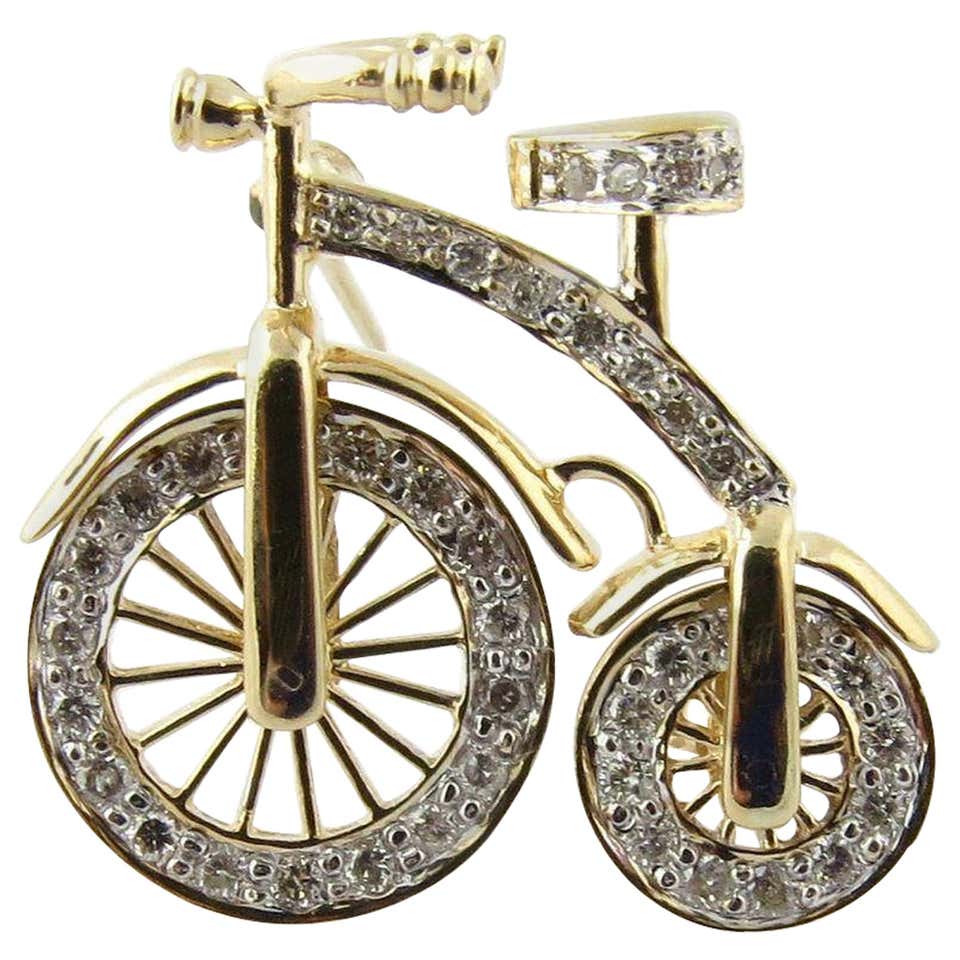 14 Karat Gold 3D Big Wheel Bicycle with Diamond Spinning Wheels Pin ...