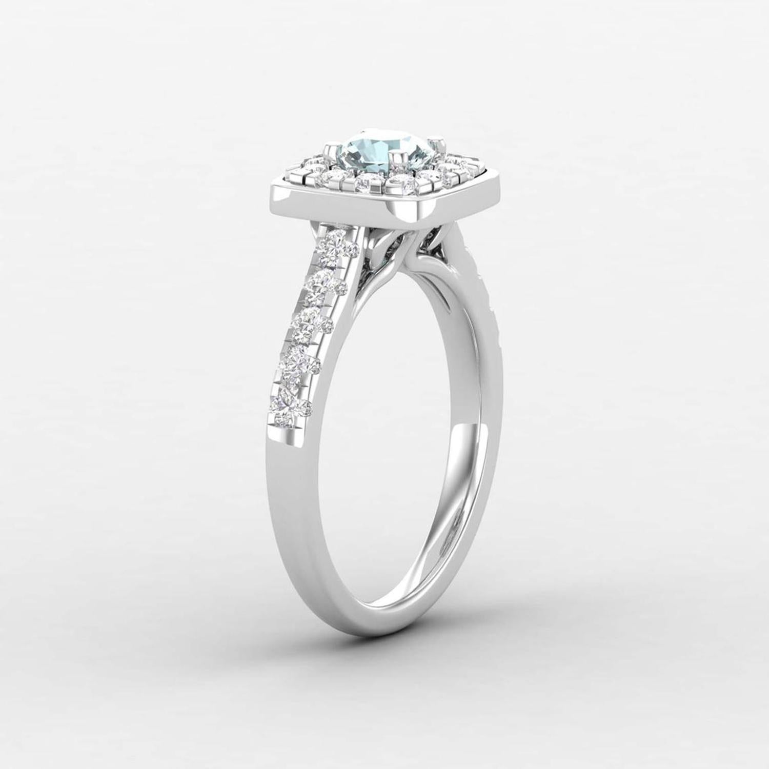 Modern 14 Karat Gold Aquamarine Ring / Round Diamond Ring / Solitaire Ring For Sale