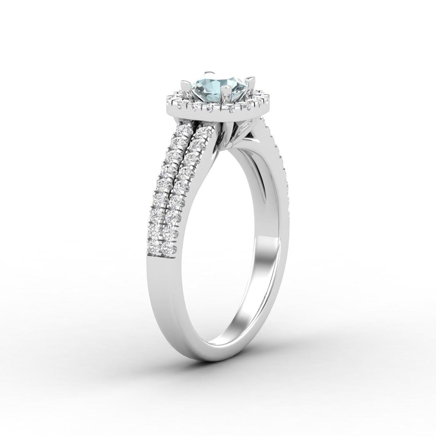 Modern 14 Karat Gold Aquamarine Ring / Round Diamond Ring / Solitaire Ring For Sale