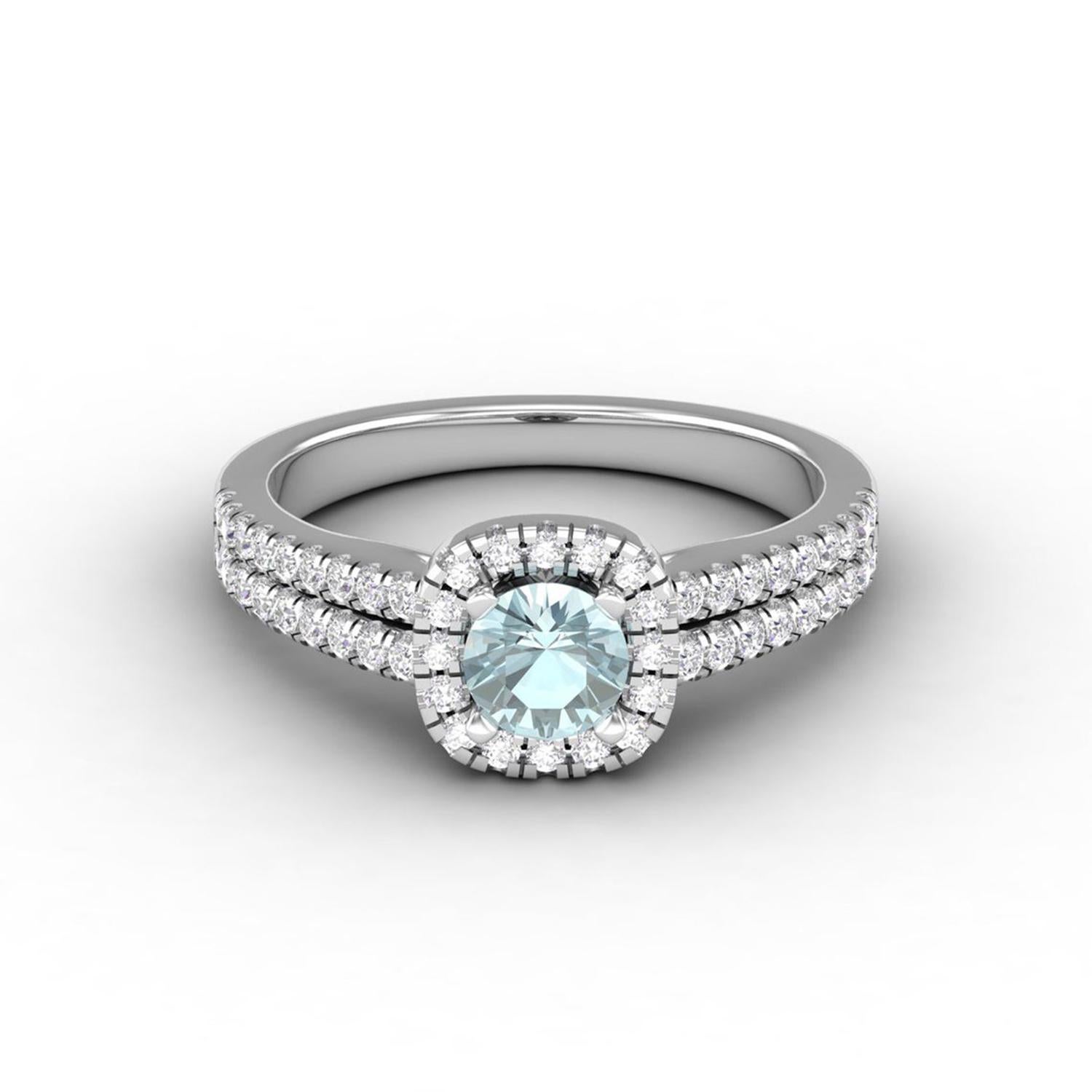 Round Cut 14 Karat Gold Aquamarine Ring / Round Diamond Ring / Solitaire Ring For Sale