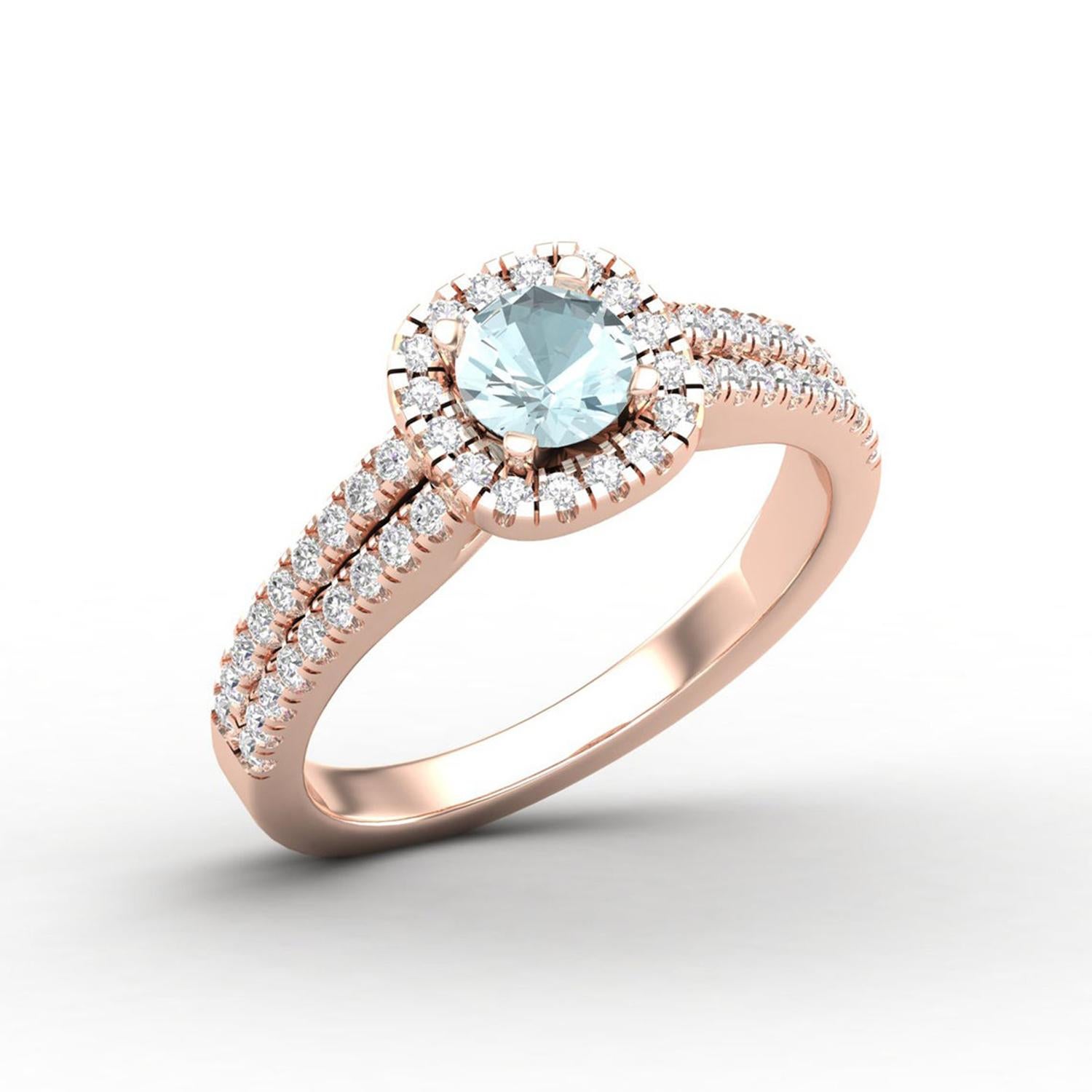 Women's 14 Karat Gold Aquamarine Ring / Round Diamond Ring / Solitaire Ring For Sale