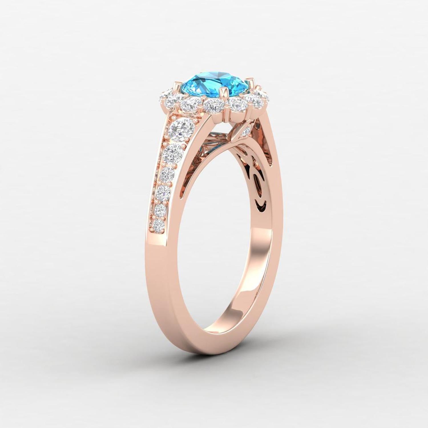 Modern 14 Karat Gold Blue Swiss Topaz Ring / Round Diamond Ring / Solitaire Ring For Sale