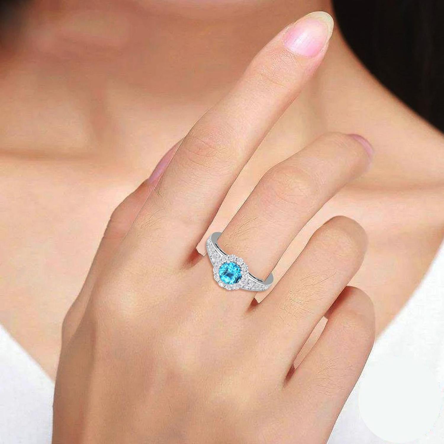 Round Cut 14 Karat Gold Blue Swiss Topaz Ring / Round Diamond Ring / Solitaire Ring For Sale