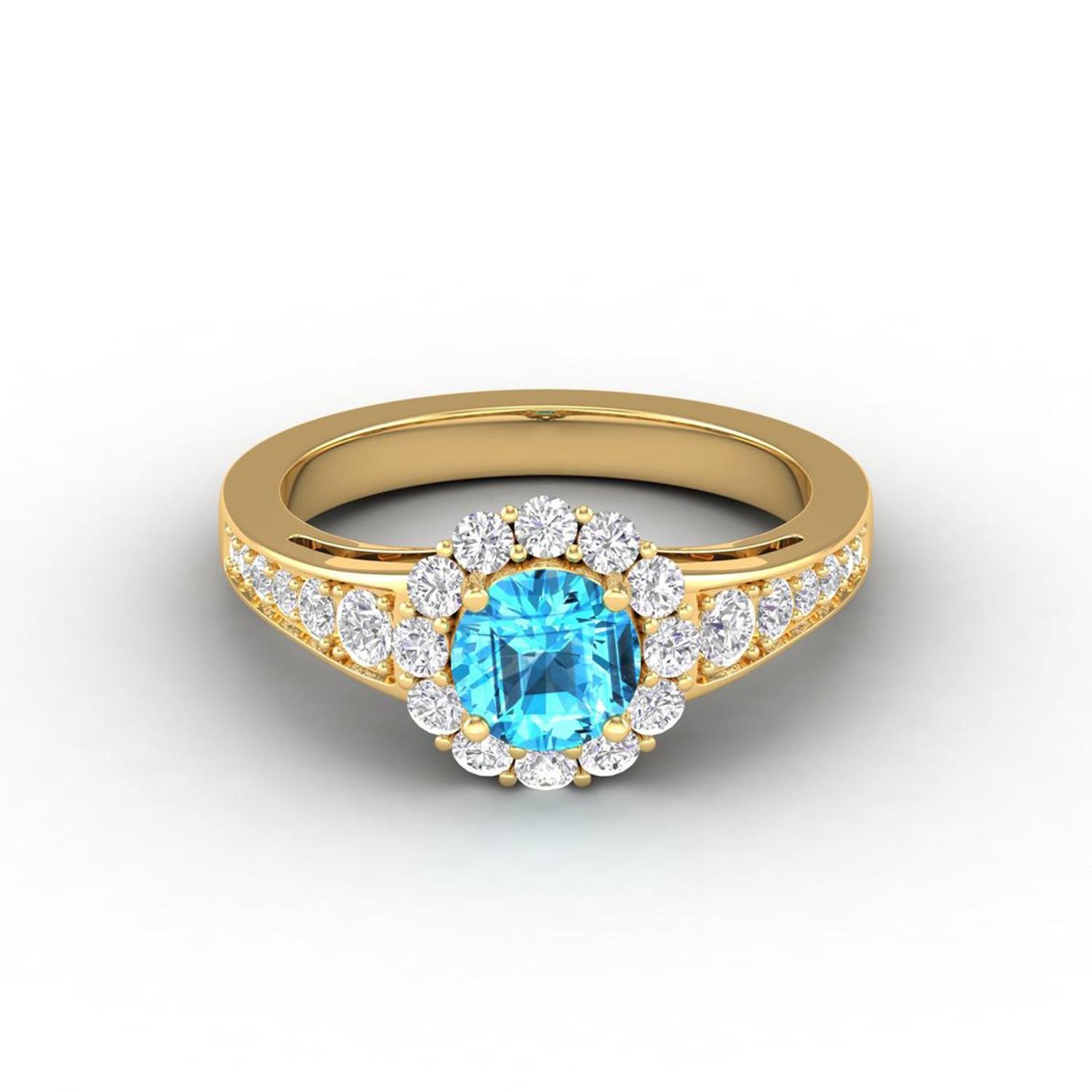 Bague en or 14 carats avec topaze suisse bleue / bague en diamant rond / bague solitaire Pour femmes en vente