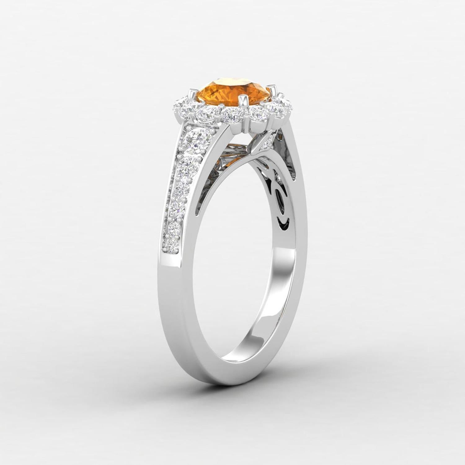 Modern 14 Karat Gold Citrine Ring / Round Diamond Ring / Solitaire Ring For Sale