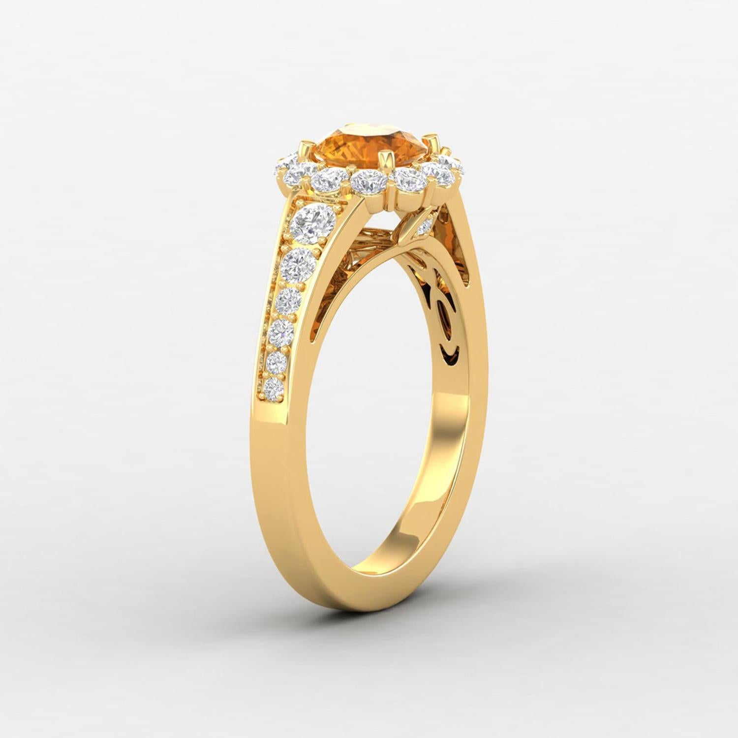 Round Cut 14 Karat Gold Citrine Ring / Round Diamond Ring / Solitaire Ring For Sale