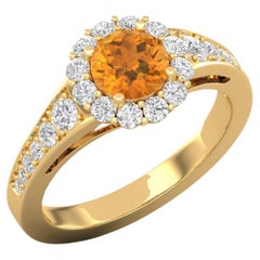 14 Karat Gold Citrine Ring / Round Diamond Ring / Solitaire Ring