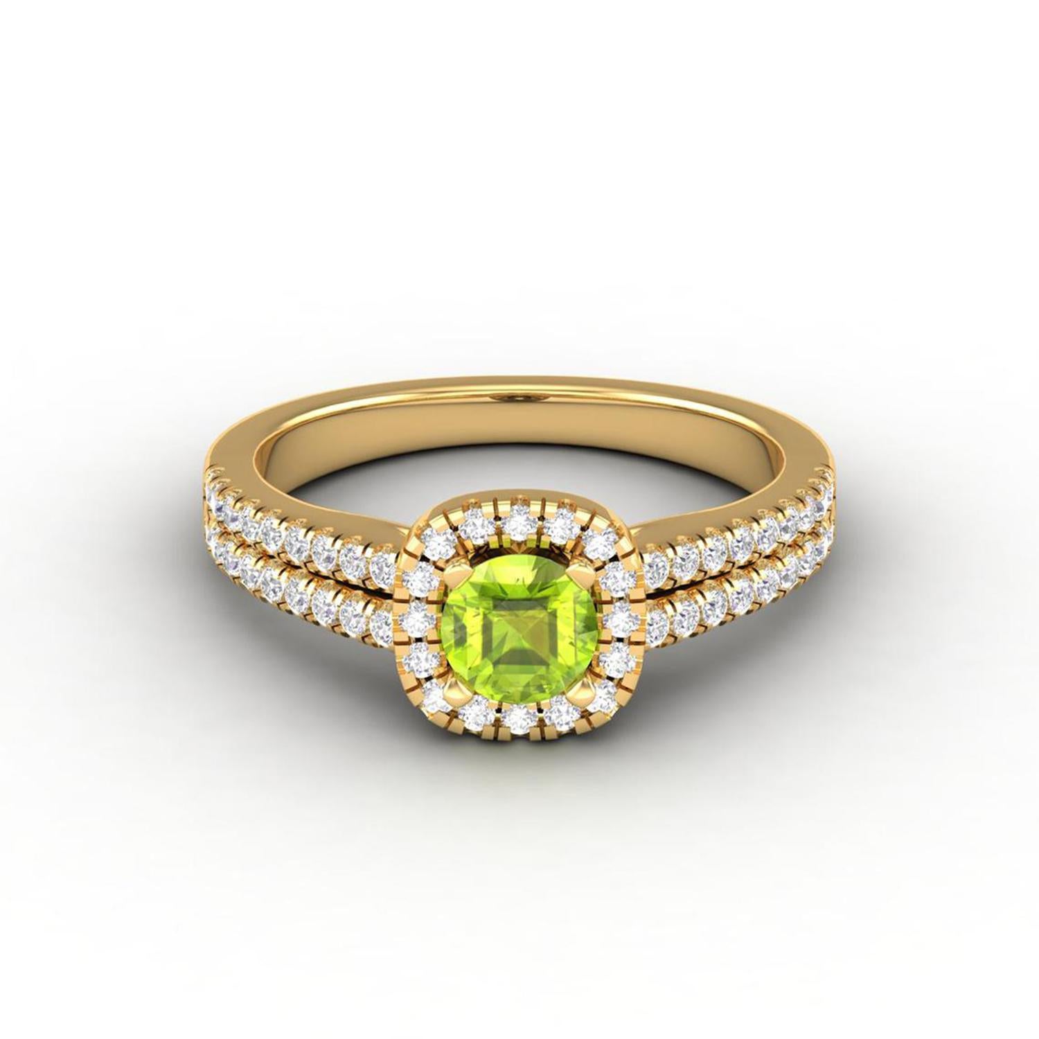 Modern 14 Karat Gold 5 MM Green Peridot Ring / Round Diamond Ring / Solitaire Ring For Sale