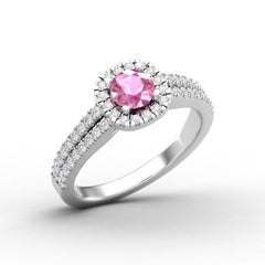 14 Karat Gold Pink Sapphire Ring / Round Diamond Ring / Solitaire Ring