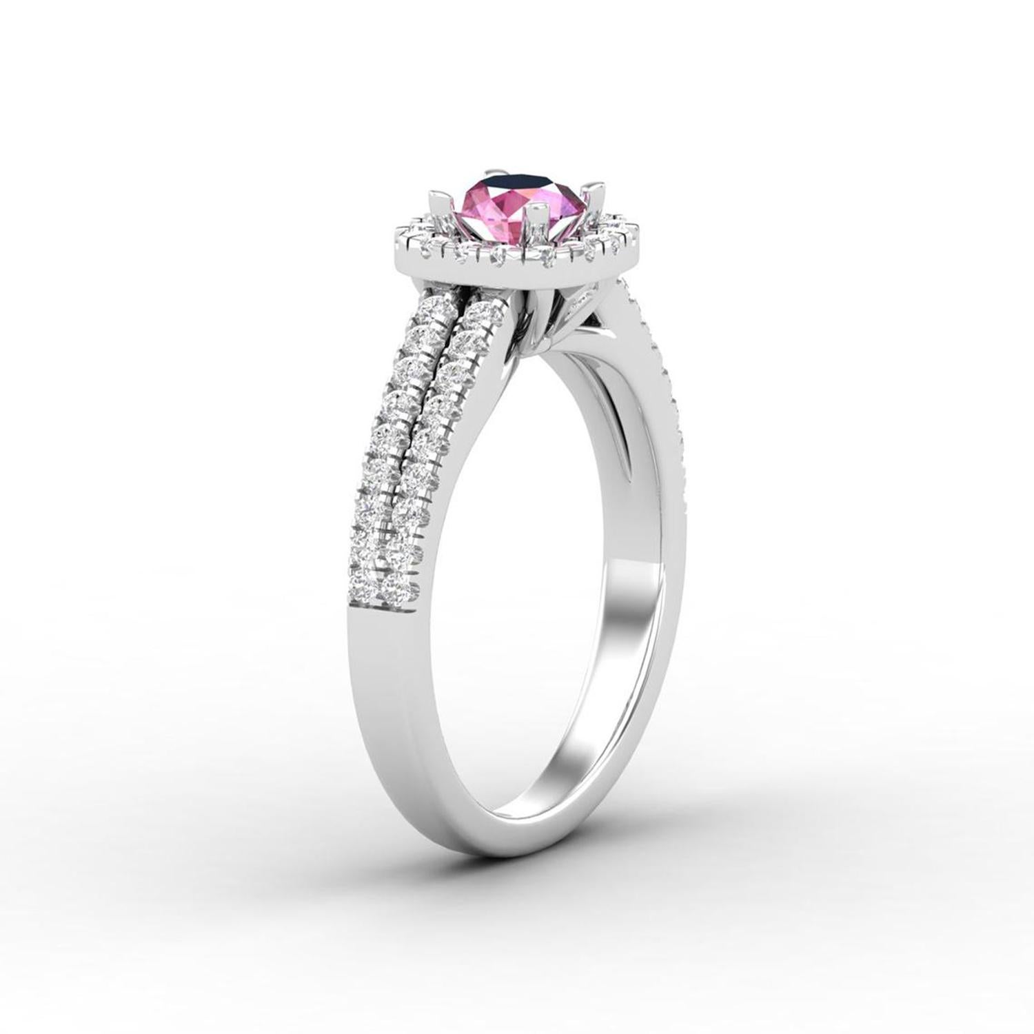 Modern 14 Karat Gold Pink Sapphire Ring / Round Diamond Ring / Solitaire Ring For Sale