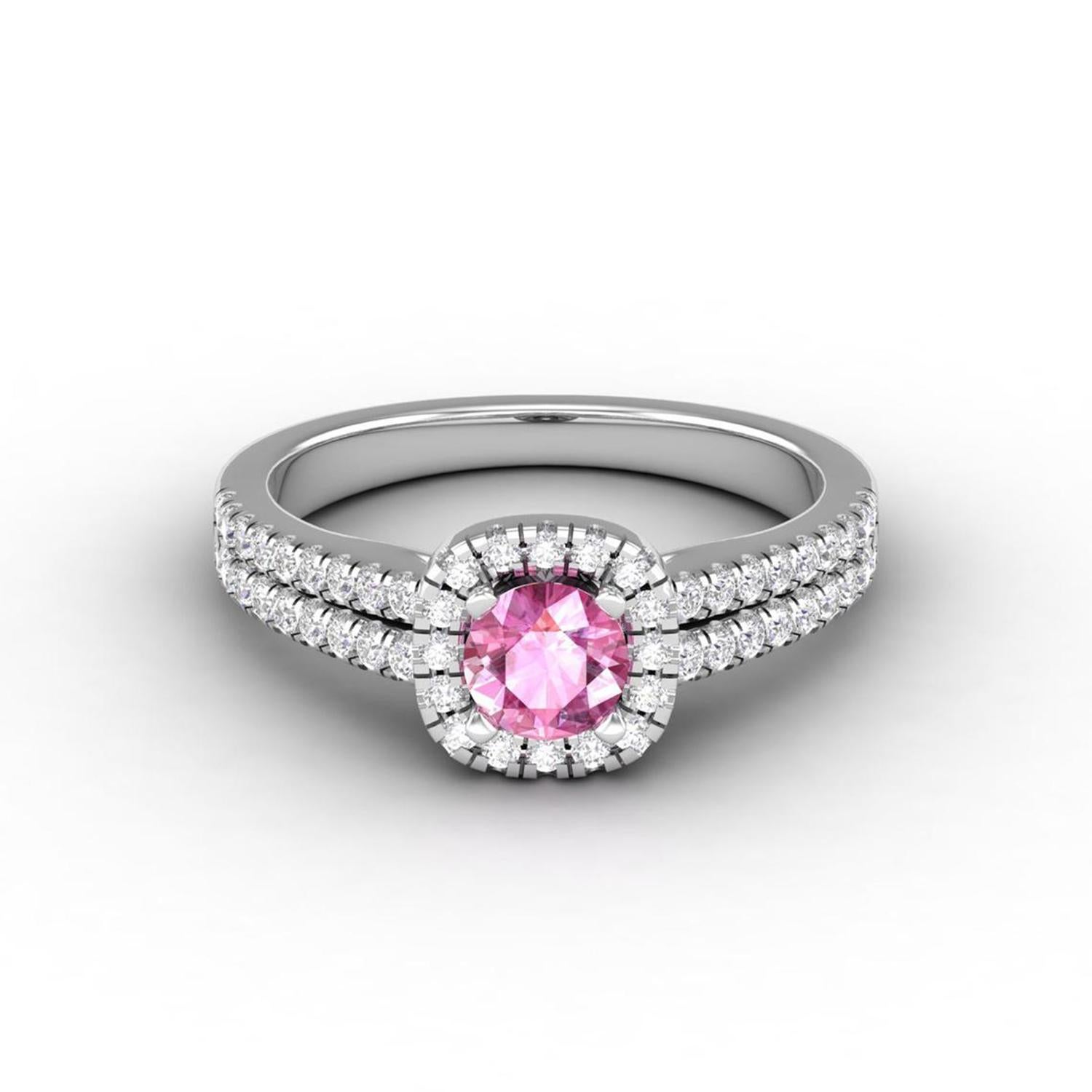 Round Cut 14 Karat Gold Pink Sapphire Ring / Round Diamond Ring / Solitaire Ring For Sale