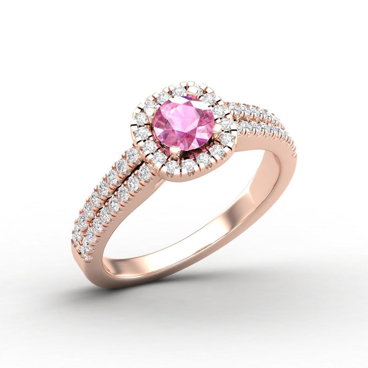 Women's 14 Karat Gold Pink Sapphire Ring / Round Diamond Ring / Solitaire Ring For Sale