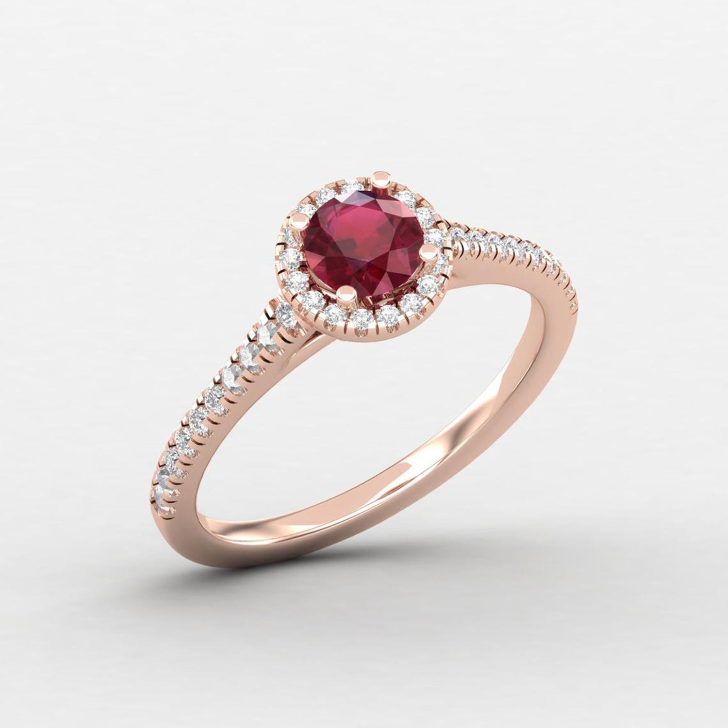 Modern 14 Karat Gold Ruby Ring / Round Diamond Ring / Solitaire Ring For Sale