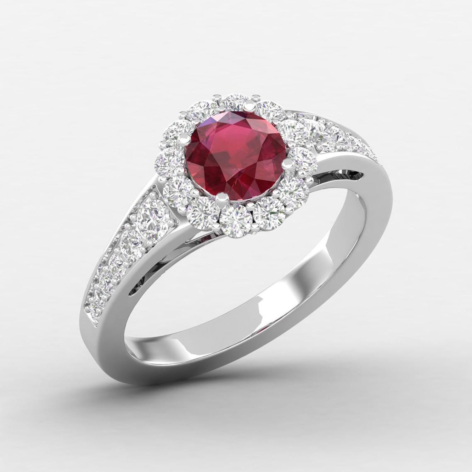 Modern 14 Karat Gold Ruby Ring / Round Diamond Ring / Solitaire Ring For Sale