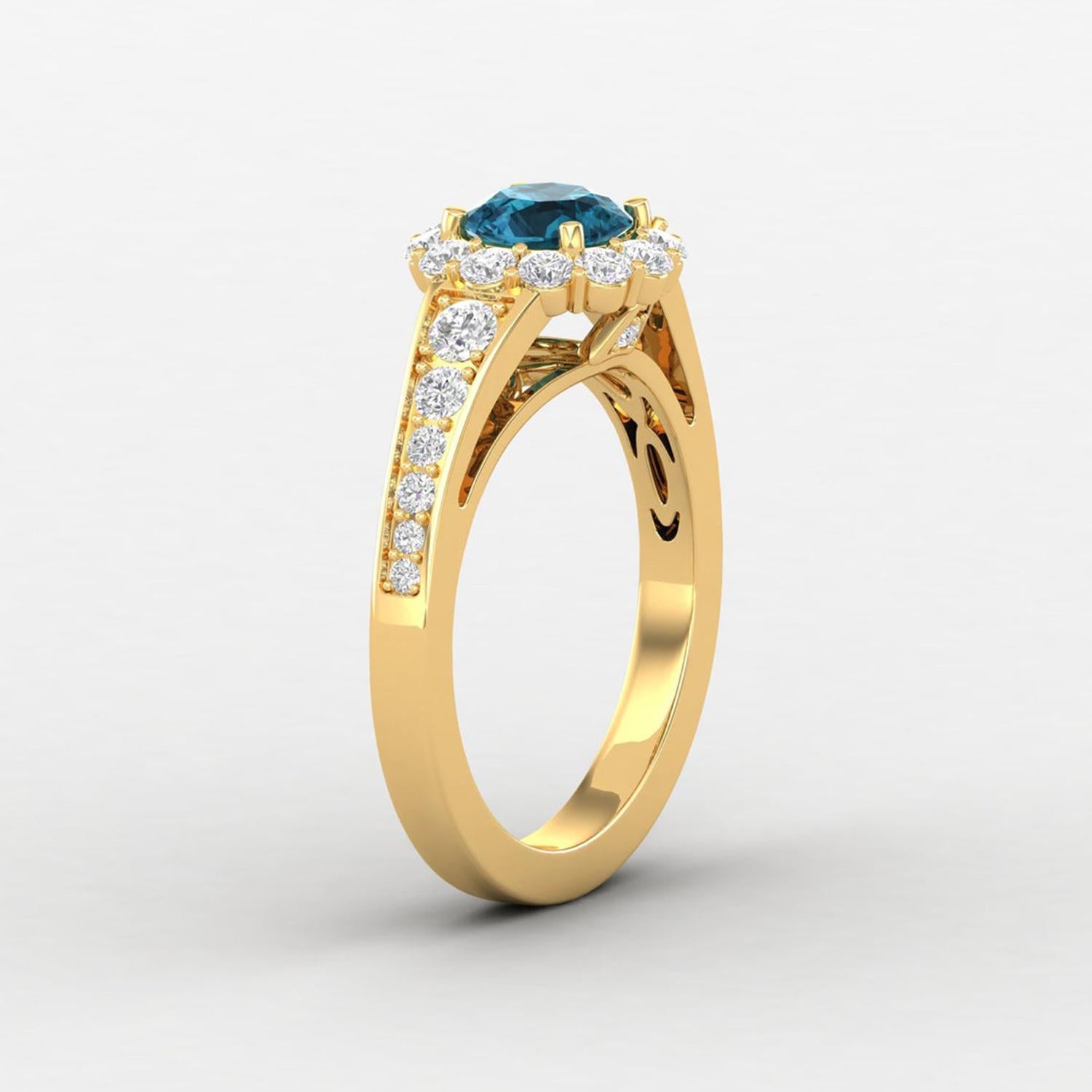 Round Cut 14 Karat Gold 5 MM Swiss Topaz Ring / 2.5 MM Round Diamond Ring / Solitaire Ring For Sale