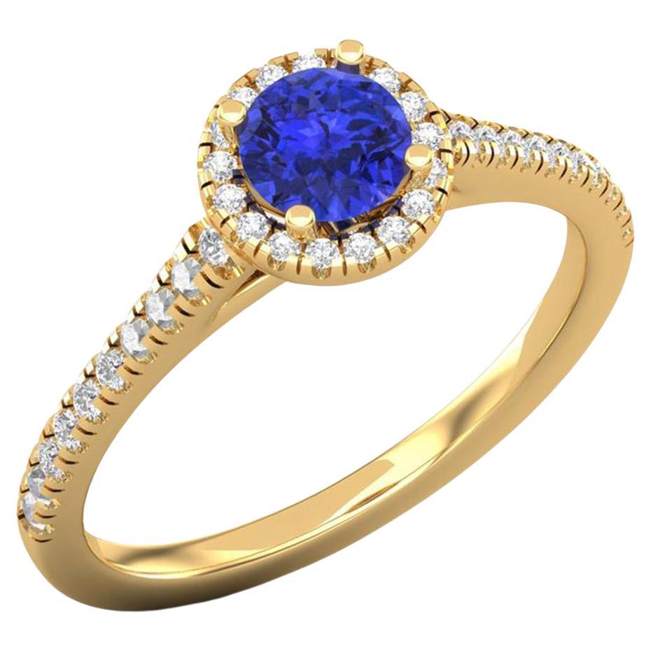 14 Karat Gold 5 MM Tansanit Ring / 1,2 MM runder Diamantring / Solitär-Ring im Angebot