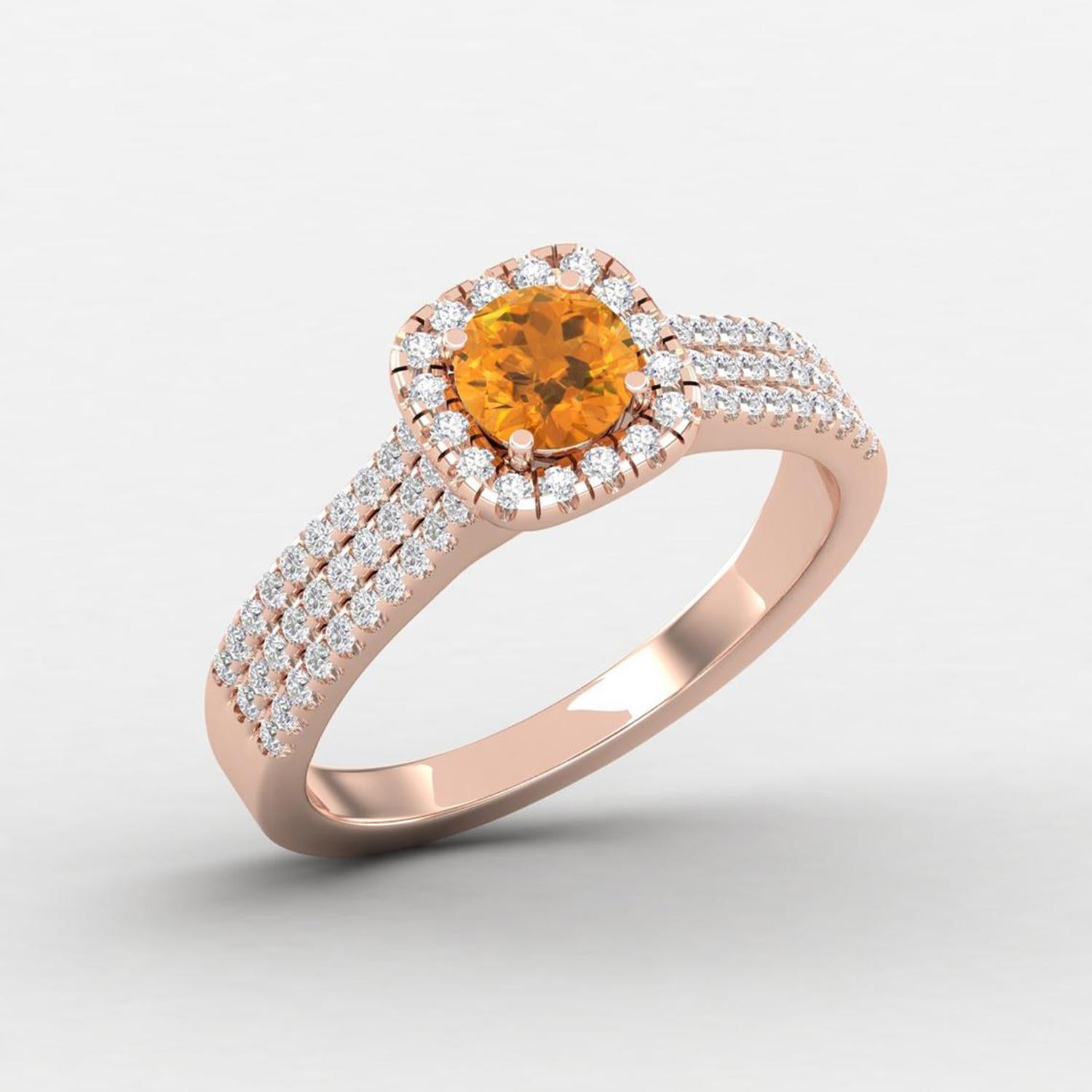 14 Karat Gold Gelber Citrin Ring / Diamant Solitär Ring für ihr (Rundschliff) im Angebot
