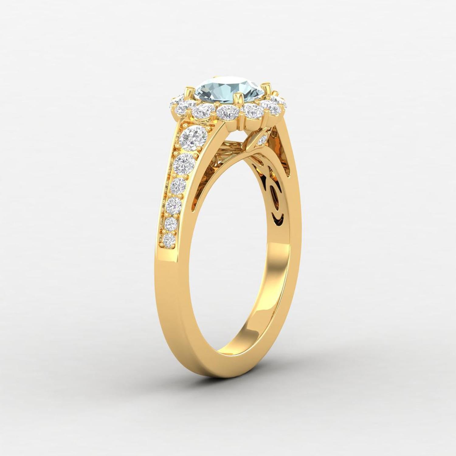 Round Cut 14 Karat Gold Aquamarine Ring / Round Diamond Ring / Solitaire Ring For Sale
