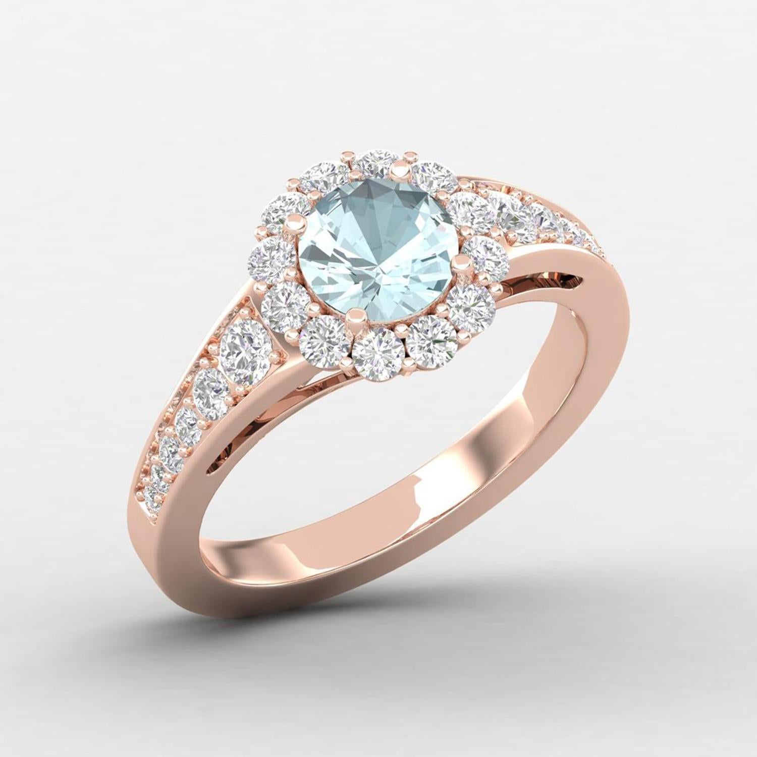 14 Karat Gold Aquamarine Ring / Round Diamond Ring / Solitaire Ring In New Condition For Sale In Jaipur, RJ