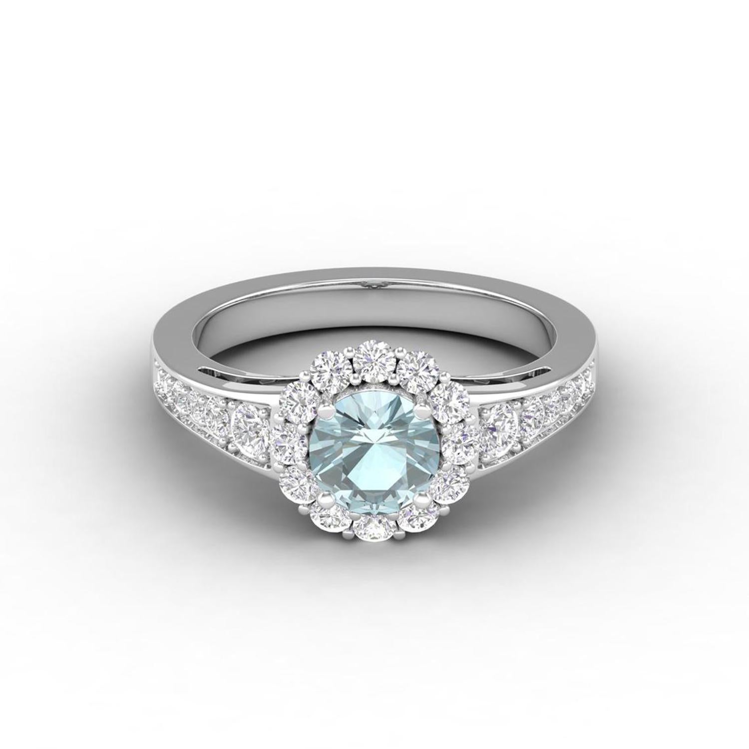 Women's 14 Karat Gold Aquamarine Ring / Round Diamond Ring / Solitaire Ring For Sale