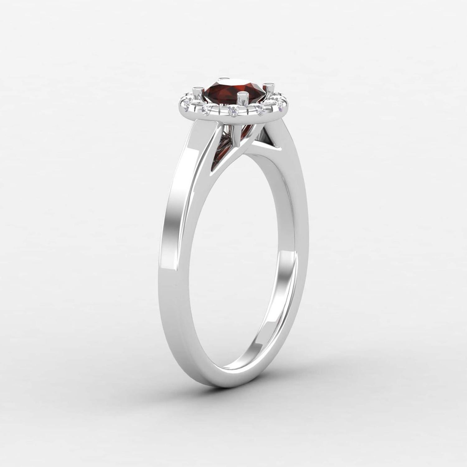 Modern 14 Karat Gold 5MM Round Garnet Ring / 1.5MM Round Diamond Ring / Solitaire Ring For Sale