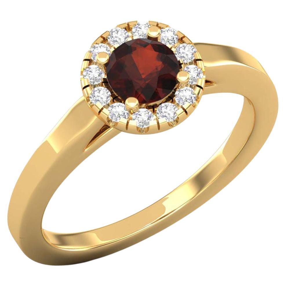 14 Karat Gold 5MM Round Garnet Ring / 1.5MM Round Diamond Ring / Solitaire Ring For Sale
