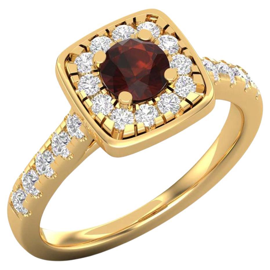 14 Karat Gold 5MM Round Garnet Ring / 2 MM Round Diamond Ring / Solitaire Ring For Sale