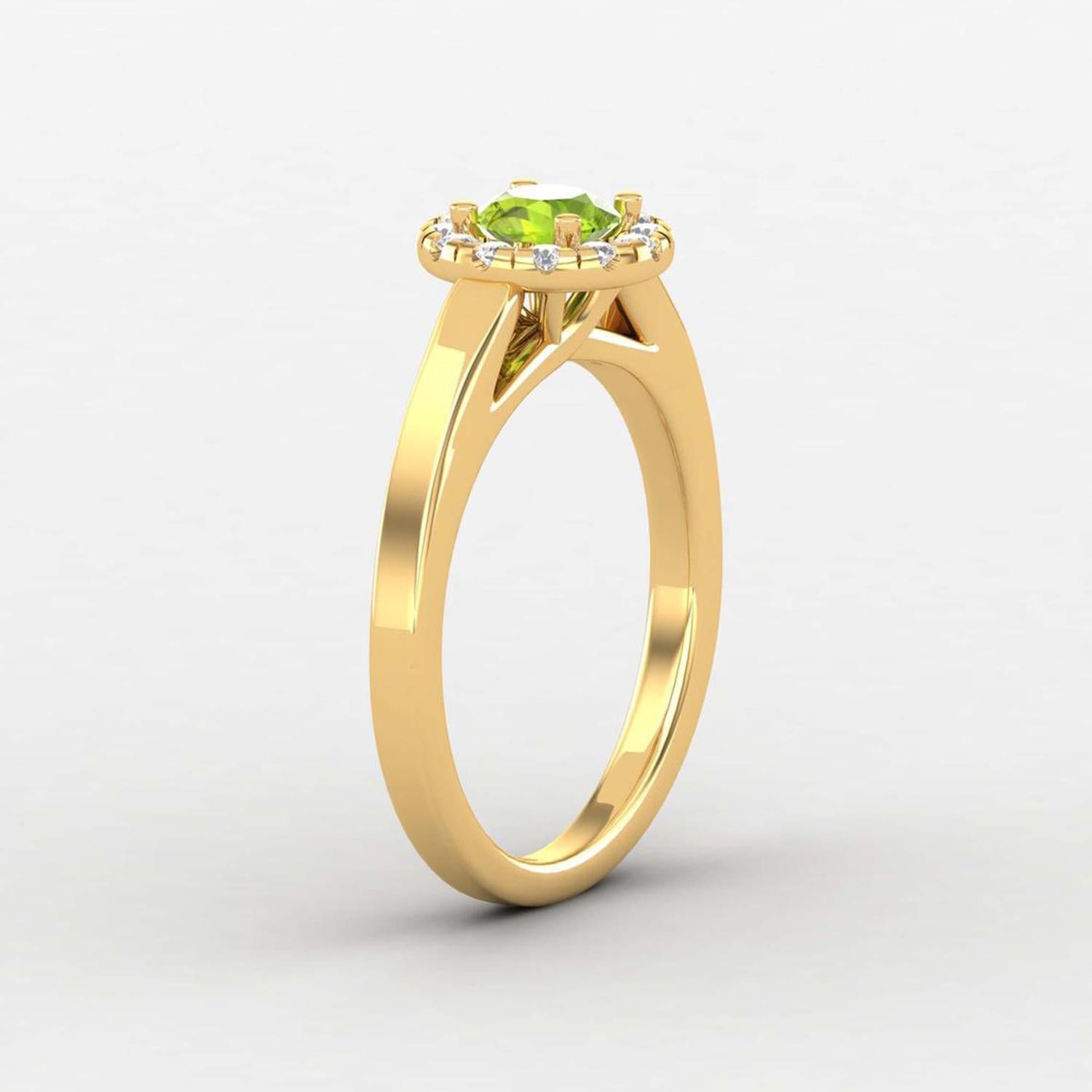 Modern 14 Karat Gold 5MM Round Peridot Ring / 1.5MM Round Diamond Ring / Solitaire Ring For Sale