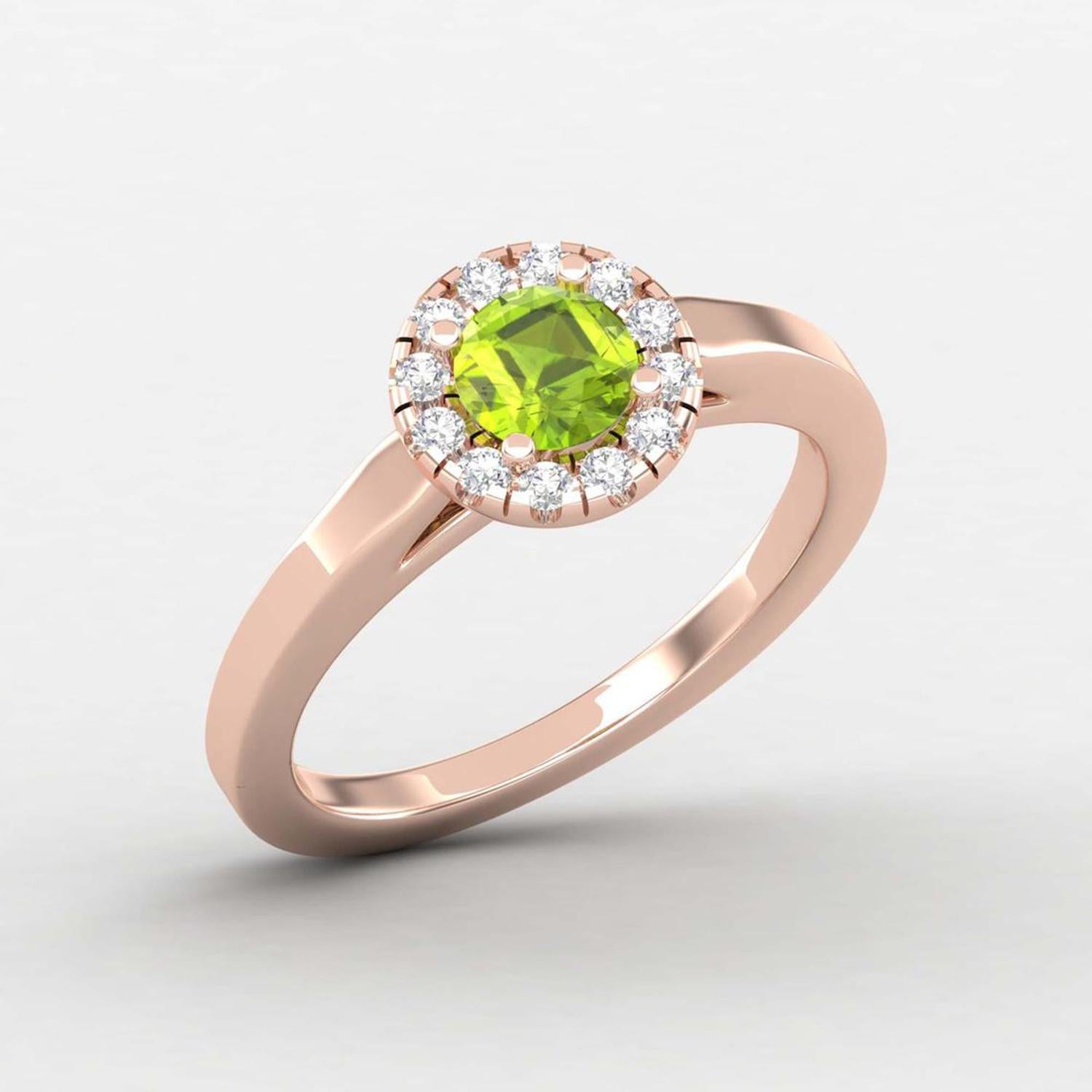 Round Cut 14 Karat Gold 5MM Round Peridot Ring / 1.5MM Round Diamond Ring / Solitaire Ring For Sale