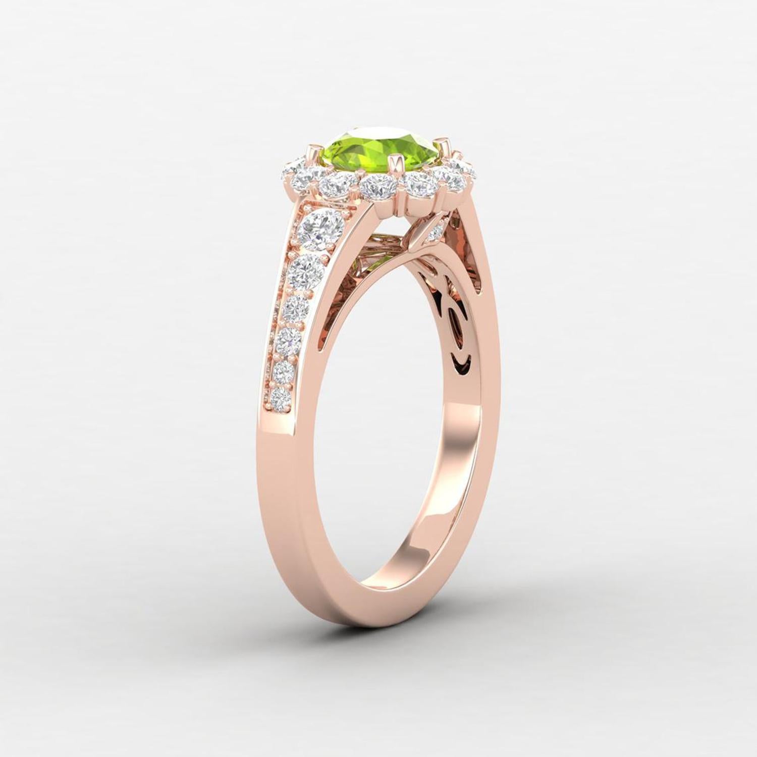 Modern 14 Karat Gold Round Peridot Ring / Round Diamond Ring / Solitaire Ring For Sale