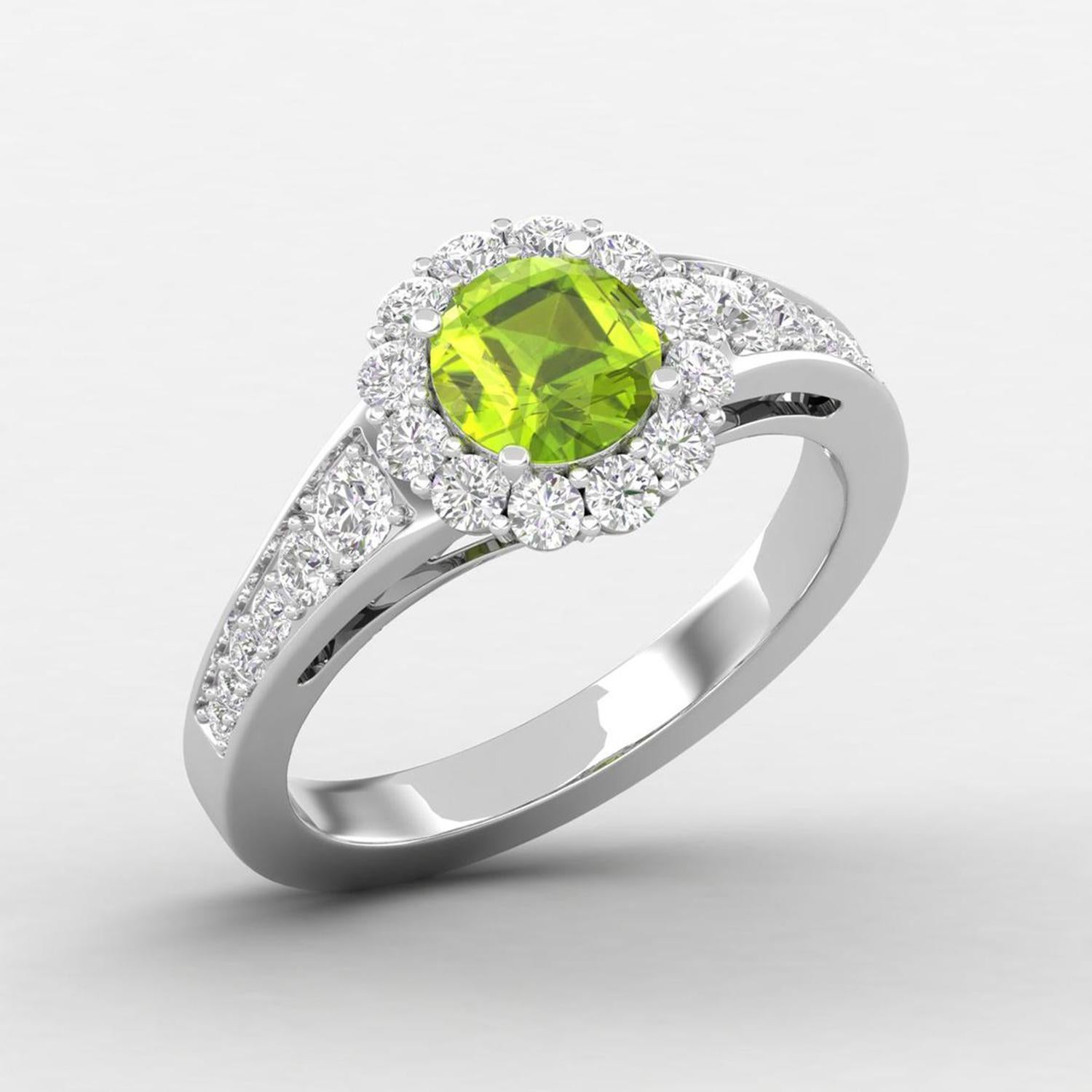 Round Cut 14 Karat Gold Round Peridot Ring / Round Diamond Ring / Solitaire Ring For Sale