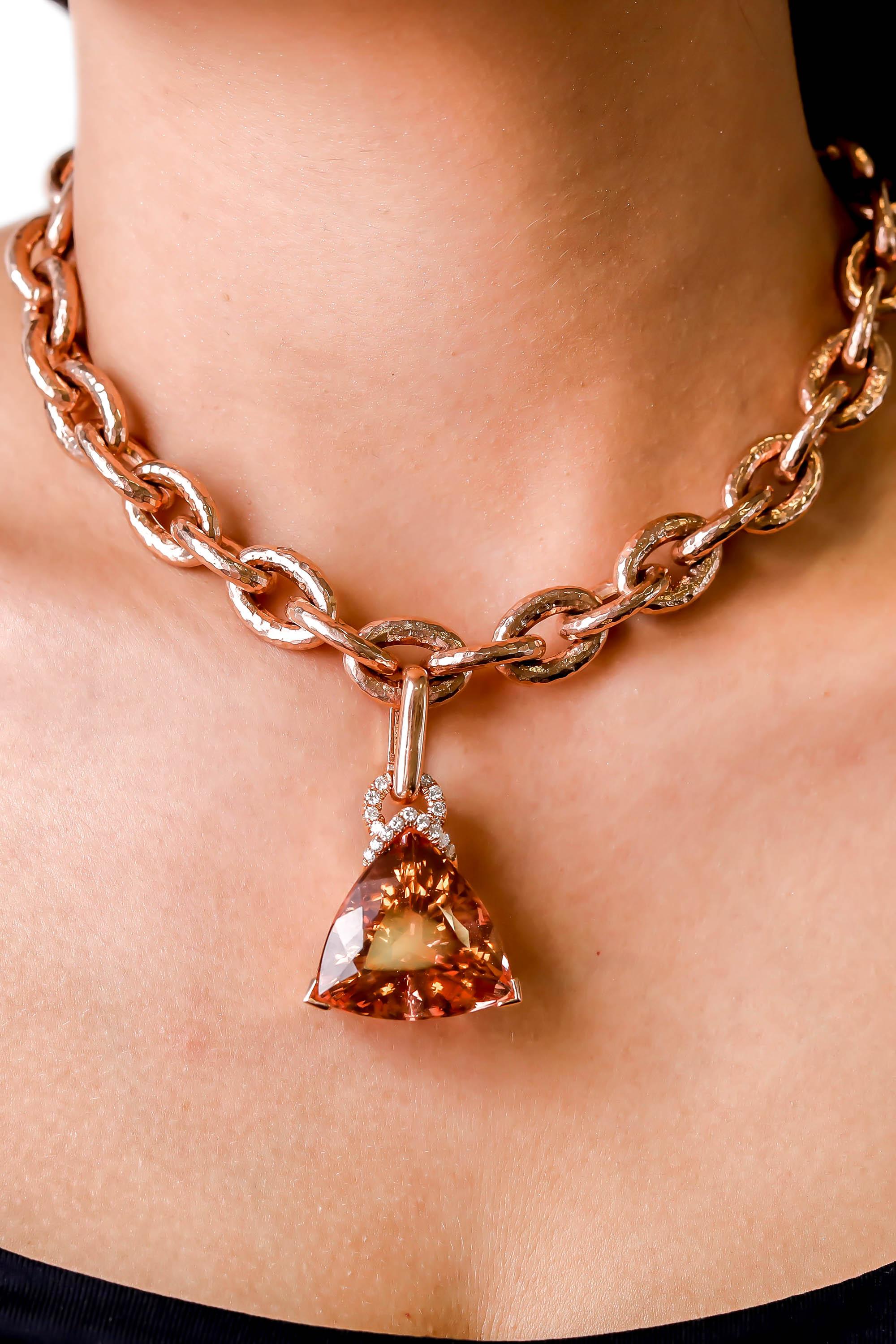 Contemporary 14 Karat Gold 64 Carat Trillion-Cut Morganite Diamond Solitaire Pendant Jewelry For Sale