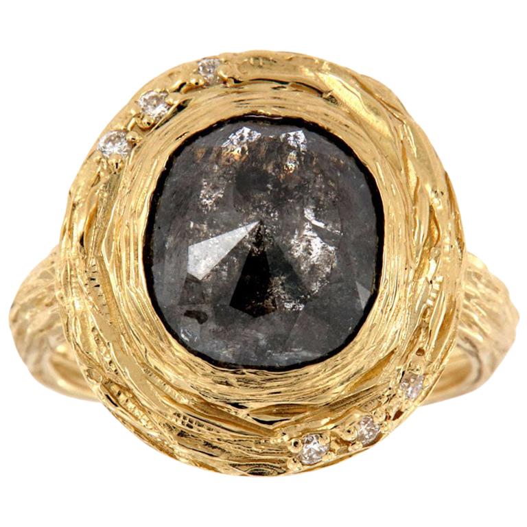 14 Karat Gold Alpinia Salt and Pepper Diamond Organic Ring 'Center, 4.12 Carat' For Sale