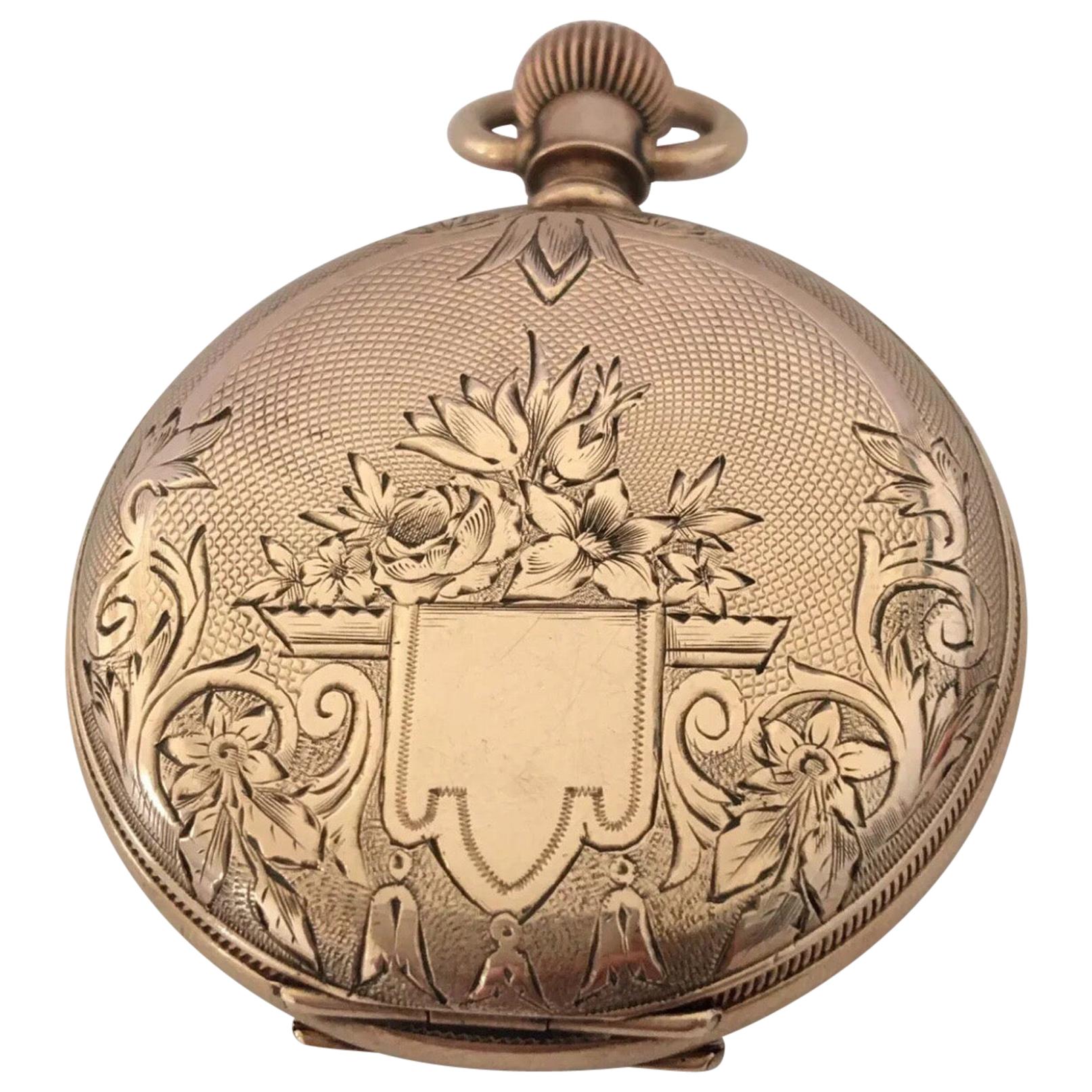 14 Karat Gold American Watch Co. Waltham Full Hunter Ladies Size Pocket Watch For Sale