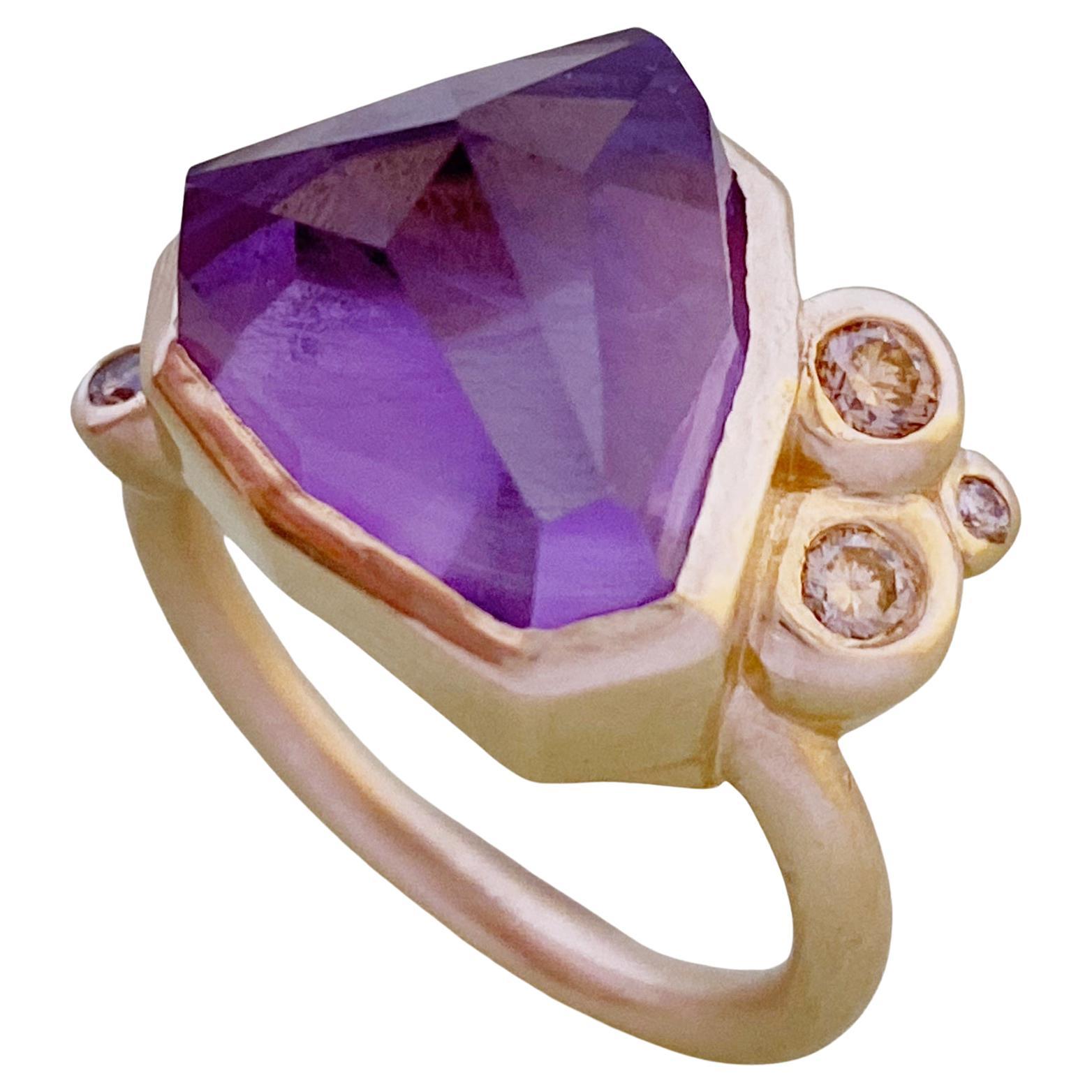 14 Karat Gold Amethyst and Champagne Diamond Ring For Sale