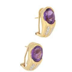 14 Karat Gold Amethyst Diamond Hoop Earrings