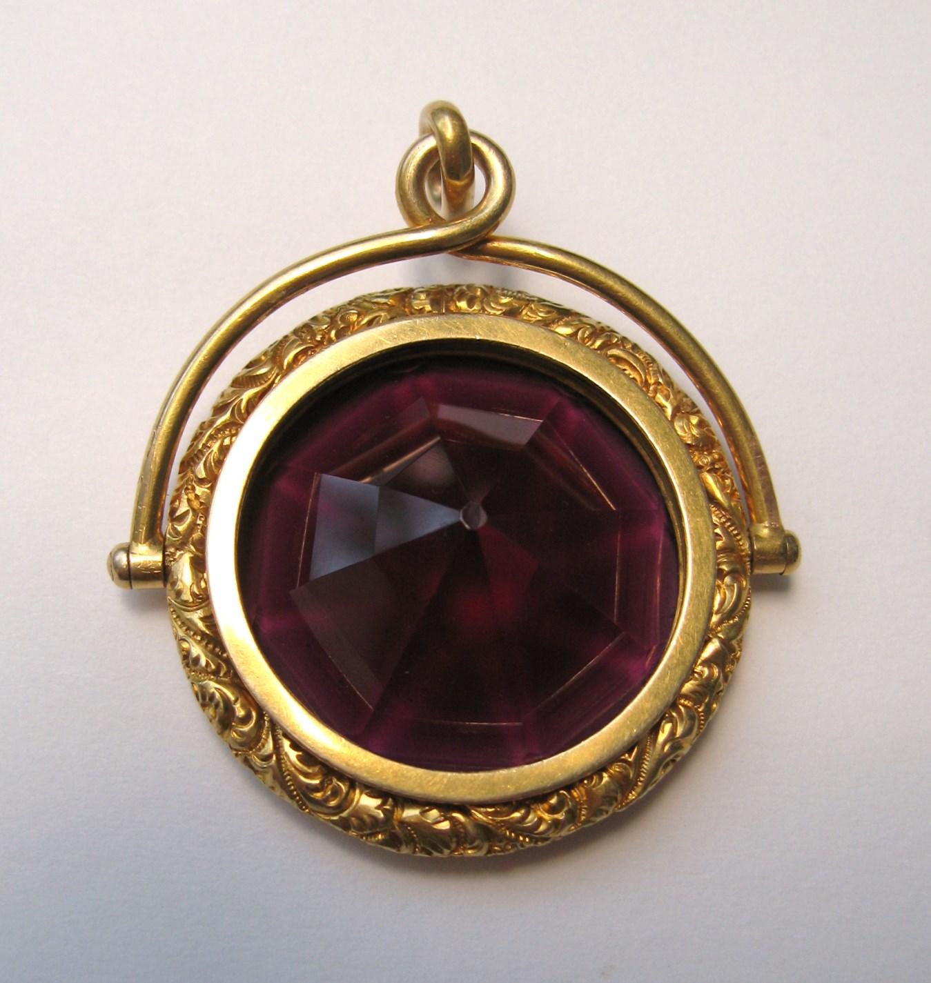 14 Karat Gold Amethyst Pendant Fob 28 Carats Double Sided Swivel Fob In Good Condition In Wallkill, NY