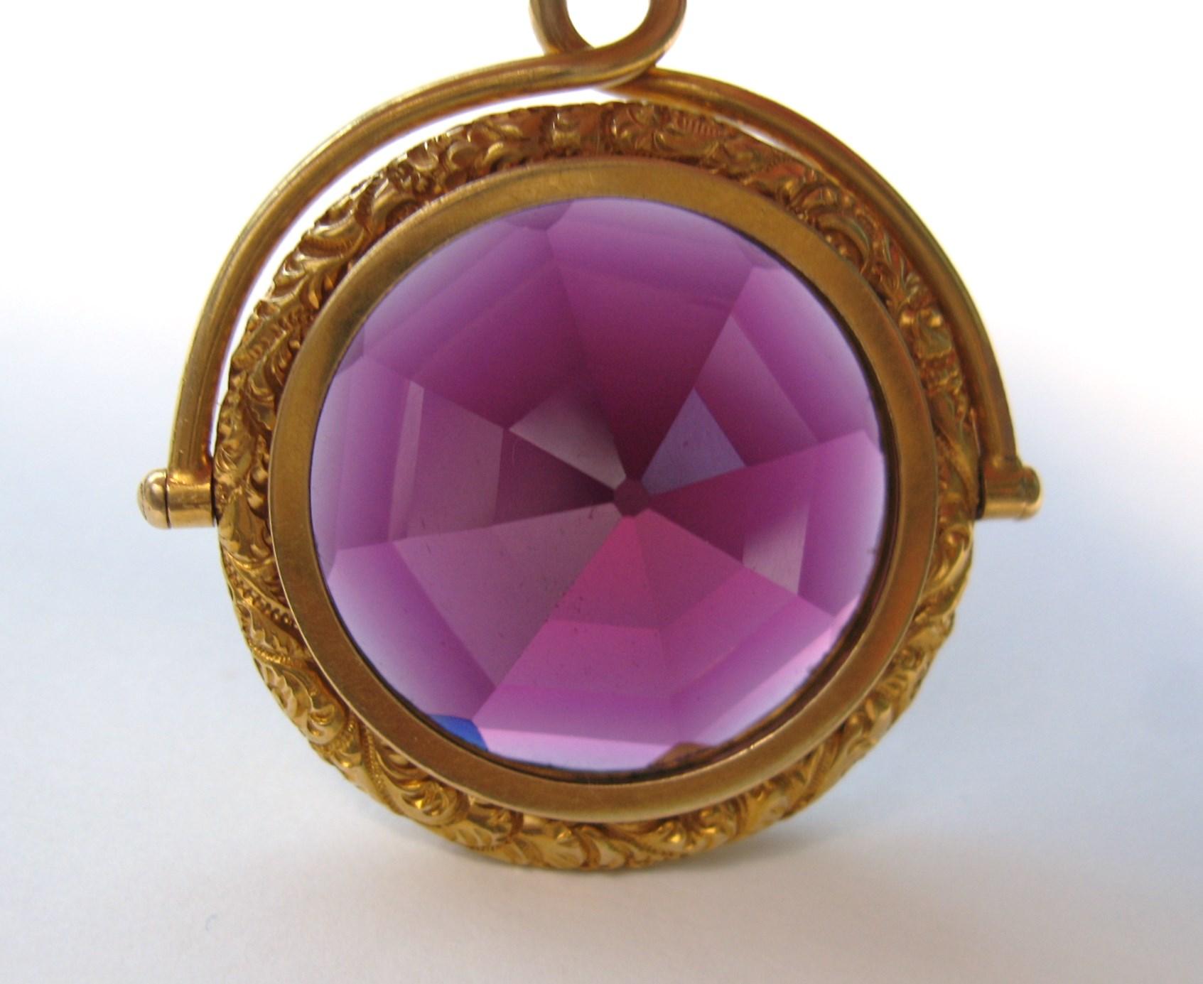 14 Karat Gold Amethyst Pendant Fob 28 Carats Double Sided Swivel Fob 1