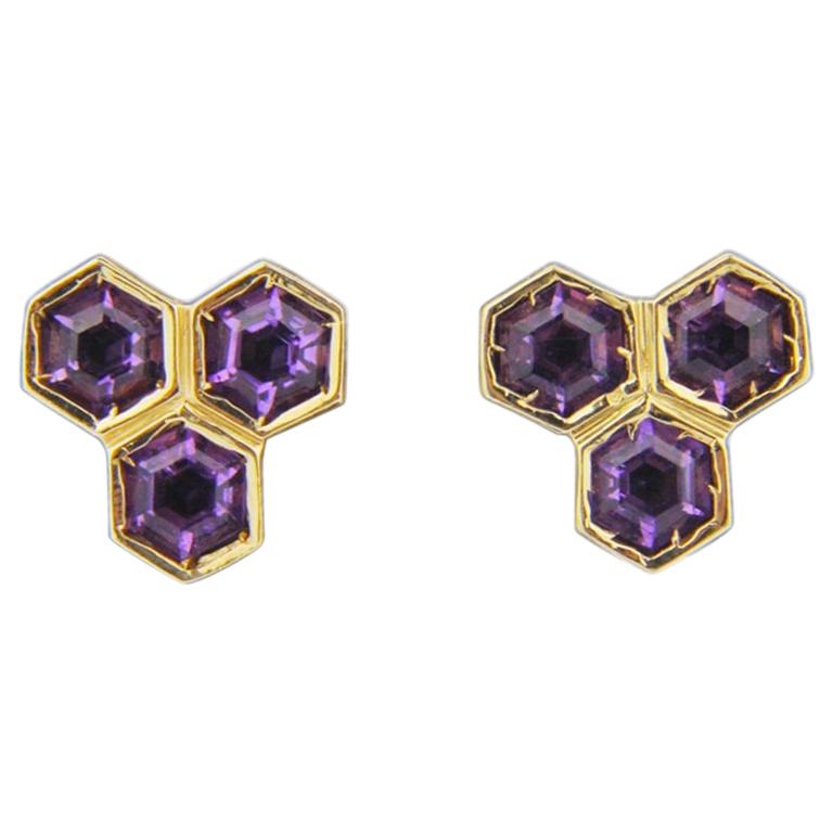 14 Karat Gold and Amethyst, Honeycomb Form Stud Earrings For Sale