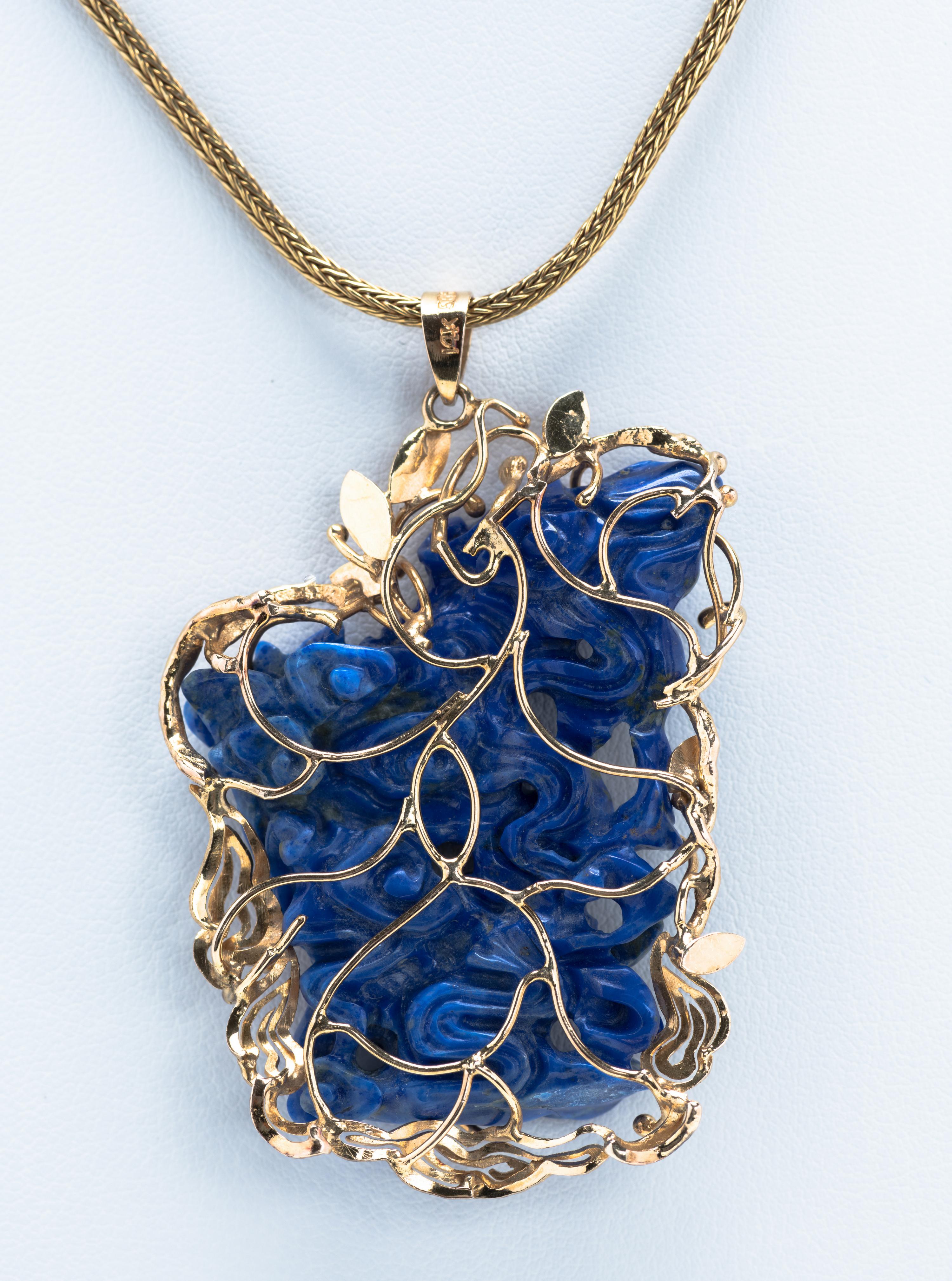 Women's 14 Karat Gold and Carved Lapis Lazuli Pendant