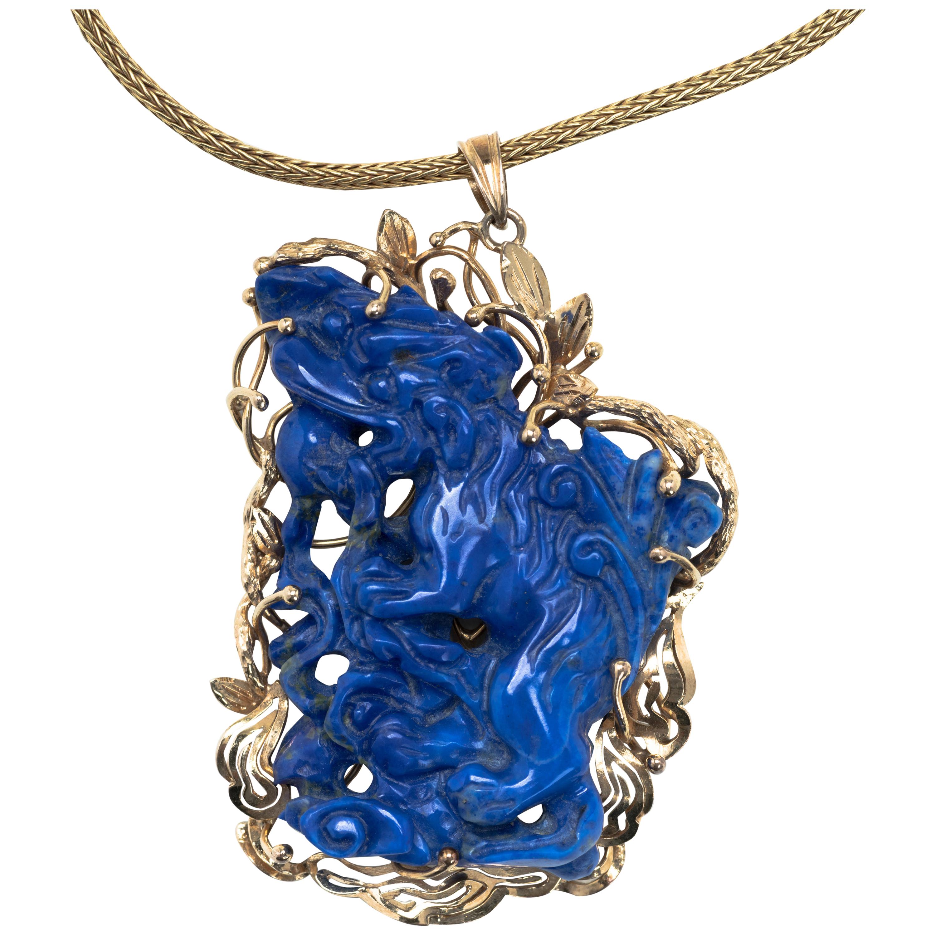 14 Karat Gold and Carved Lapis Lazuli Pendant