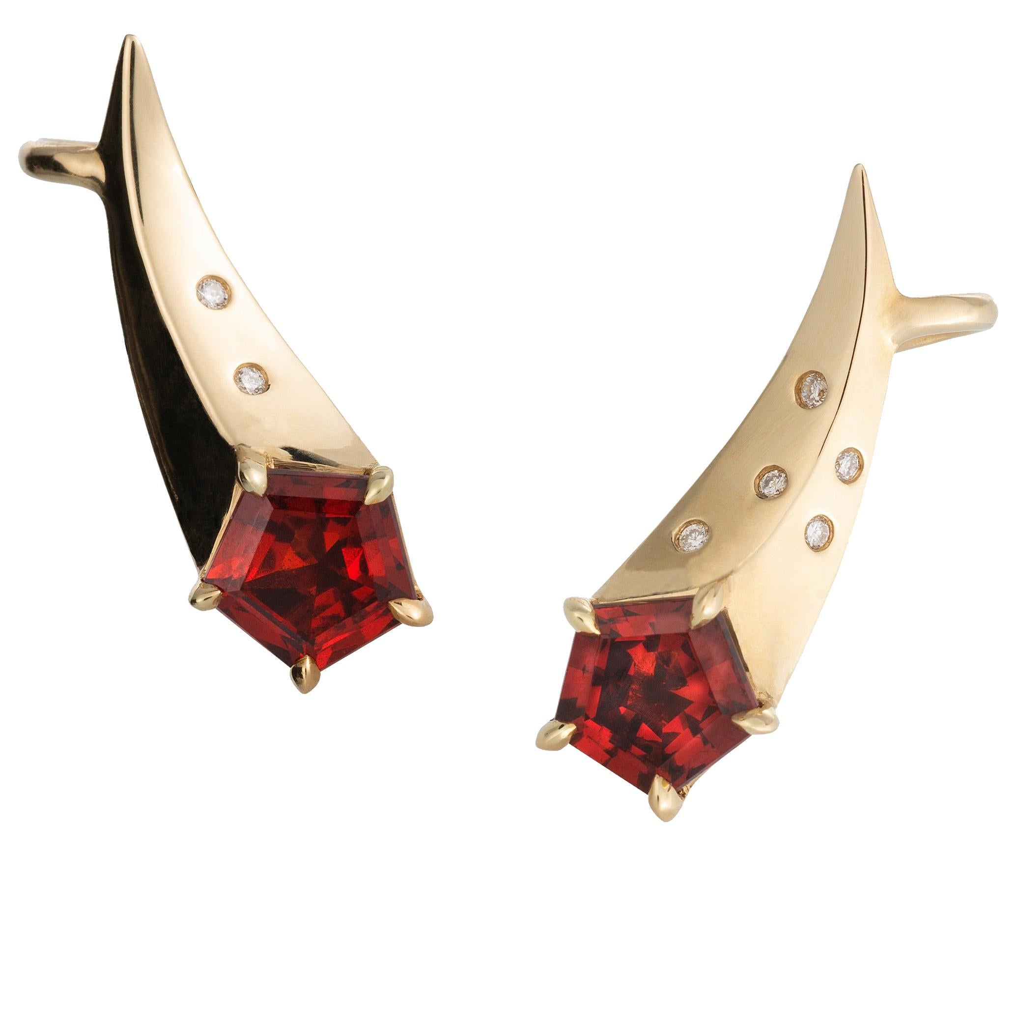 14 Karat Gold and Diamond Comet Ear Climbers with Fancy Cut Madeira Garnet For Sale