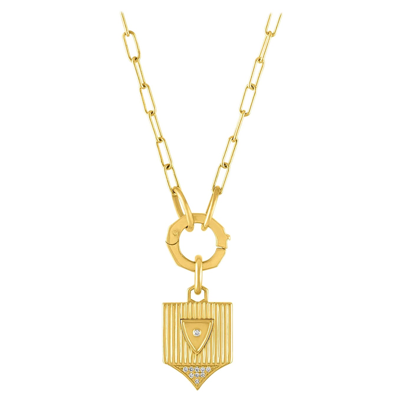 14 Karat Gold and Diamond Ribbed Shield on Link Chain with Charm Holder For Sale