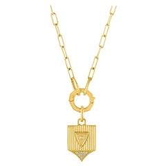 14 Karat Gold and Diamond Ribbed Shield on Link Chain with Charm Holder